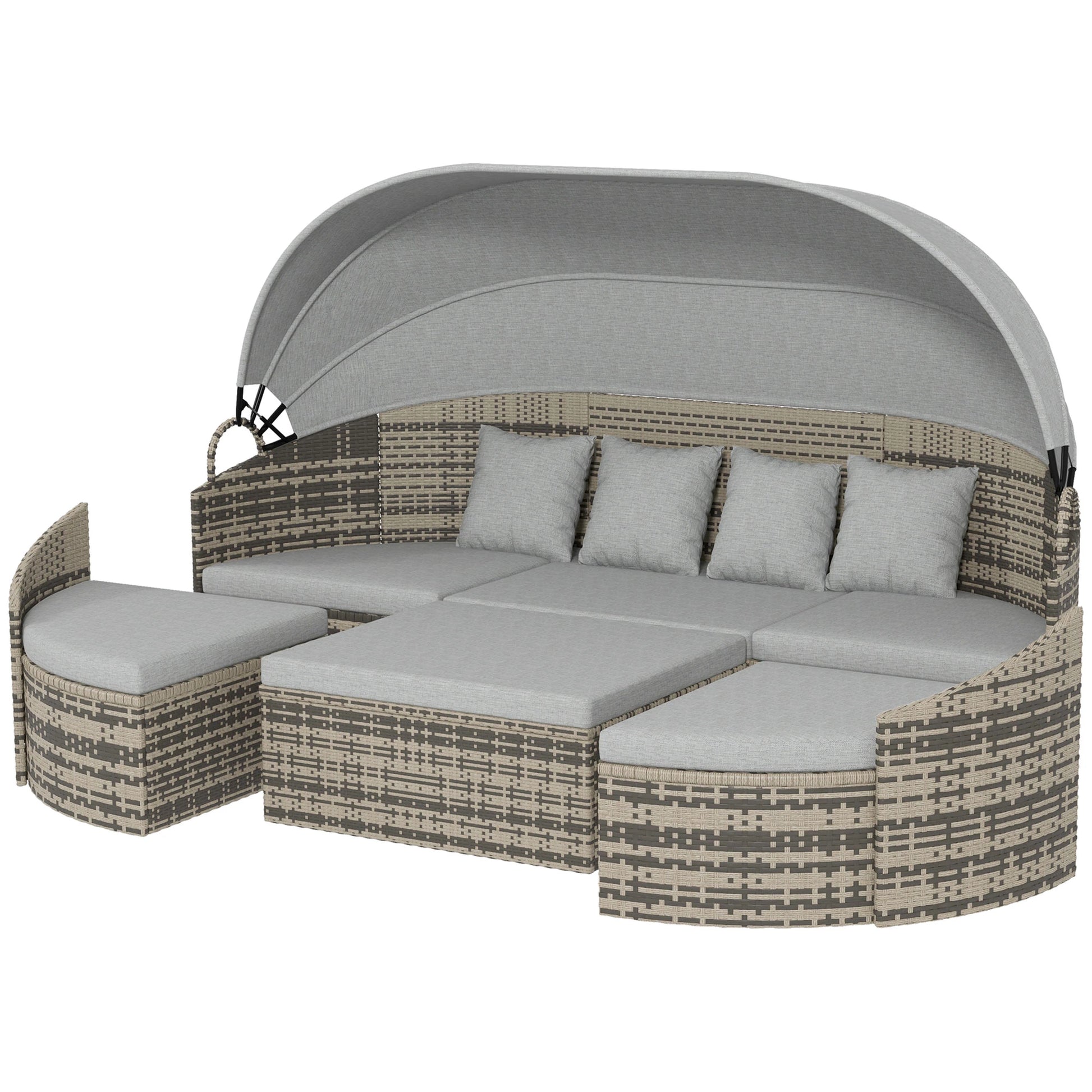 4-Piece PE Wicker Round Daybed, Outdoor Rattan Lounge Set, Light Grey Daybeds Mixed Grey Rattan, Light Grey Cushion at Gallery Canada