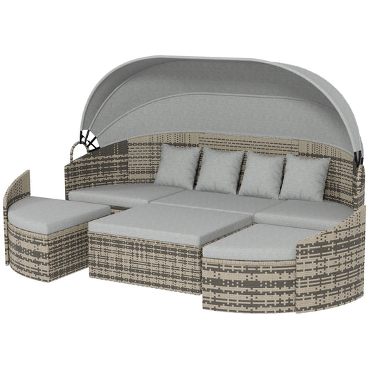 4-Piece PE Wicker Round Daybed, Outdoor Rattan Lounge Set, Light Grey Daybeds Mixed Grey Rattan, Light Grey Cushion at Gallery Canada