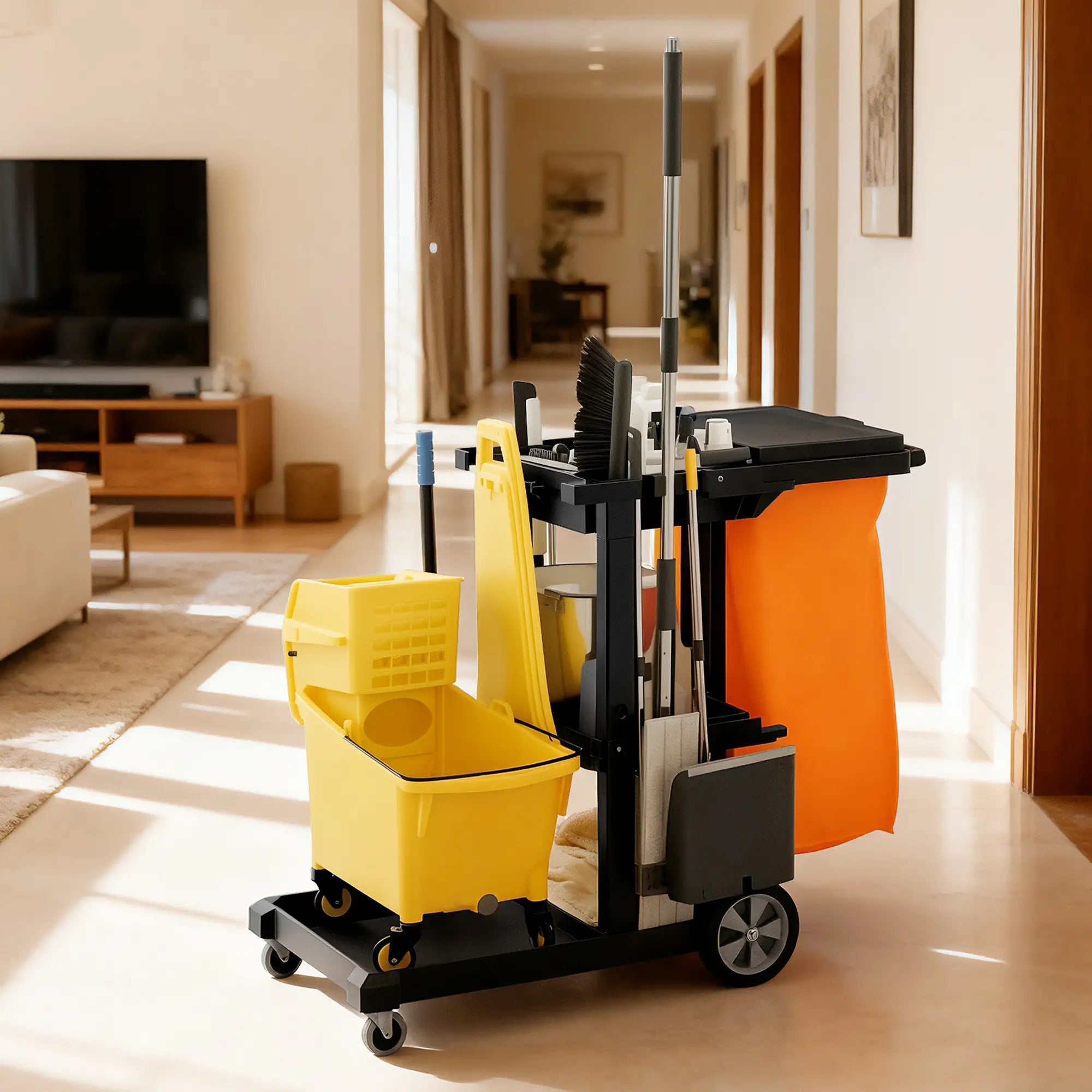 Commercial Janitorial Cart, 3 Tier Shelves, Black Household Supplies at Gallery Canada