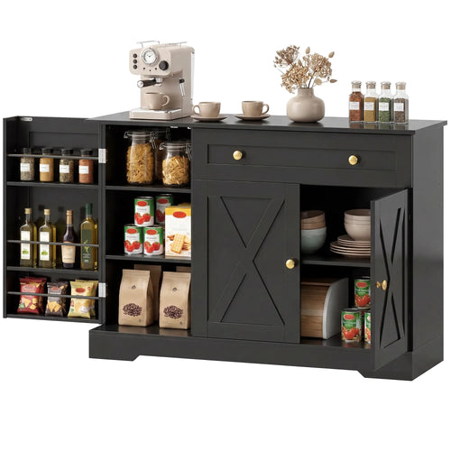 Sideboard Buffet Cabinet, Farmhouse Coffee Bar, Barn Doors, Black