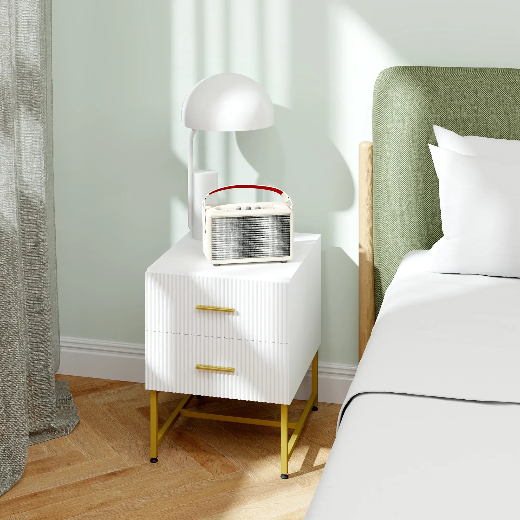 2 Nightstands with Storage, Modern Bedside Tables, 2 Fluted Drawers, Gold Legs, White Bedside Tables at Gallery Canada