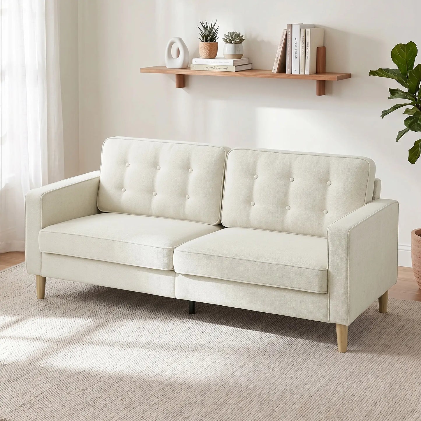 3 Seater Sofa Upholstered with Padded Cushion Modern Button Tufted Couch with Wood Legs, Cream White 3-Seater Sofas at Gallery Canada