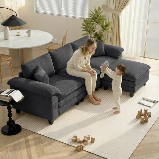 L-Shaped Sectional Sofa, Movable Ottoman, Pillow-Top Armrests, Dark Grey 3-Seater Sofas Dark Grey at Gallery Canada
