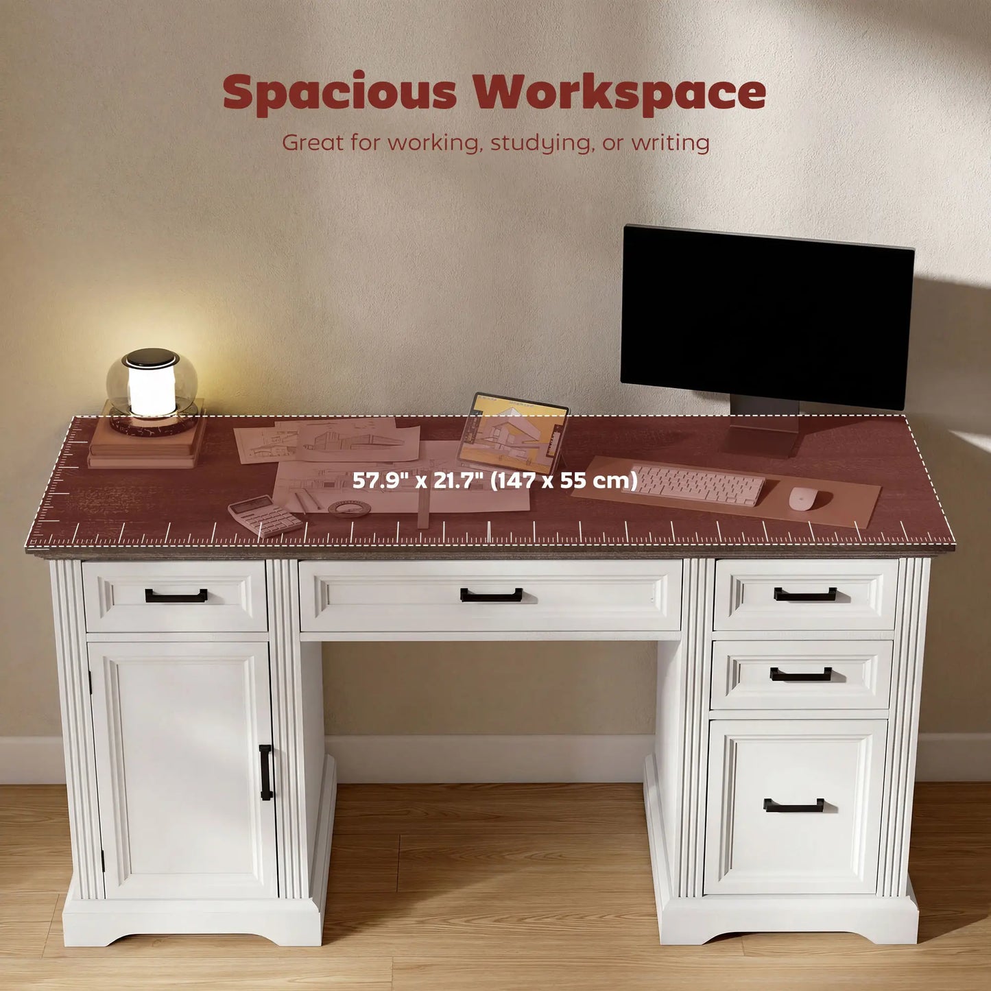 58 Inch Home Office Desk, Farmhouse Executive Desk with Drawers, White Computer Desks at Gallery Canada