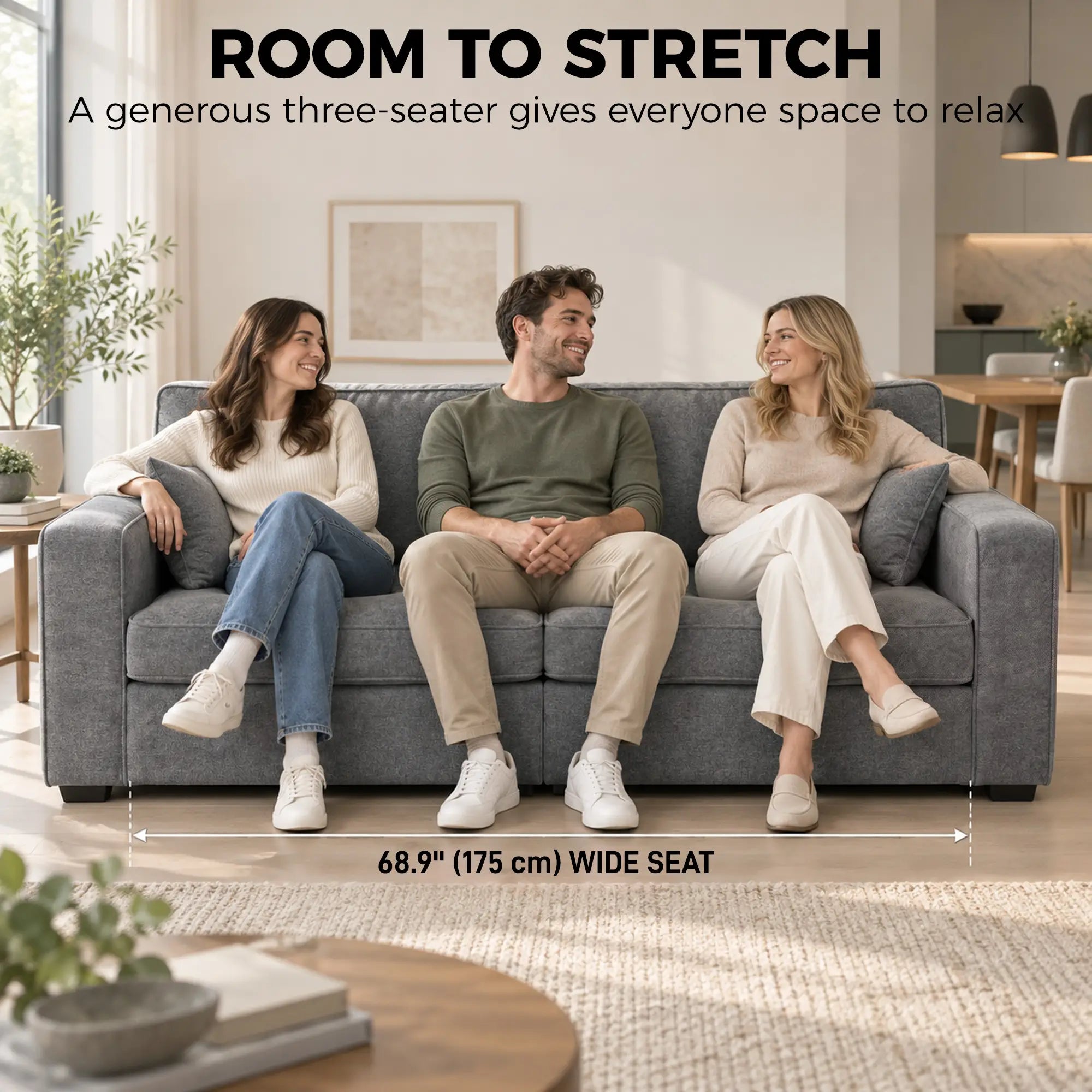 3 Seater Sofa, Thick Cushion, Grey, 2 Pillows, Side Pockets 3-Seater Sofas at Gallery Canada