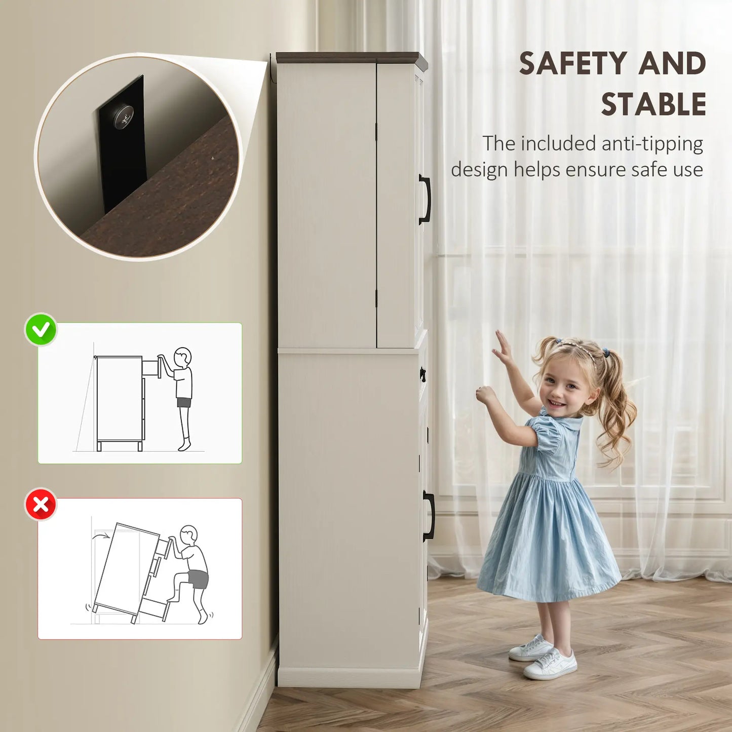 71" LED Kitchen Pantry Cabinet, Farmhouse Storage, Distressed White, White Kitchen Pantry Cabinets at Gallery Canada