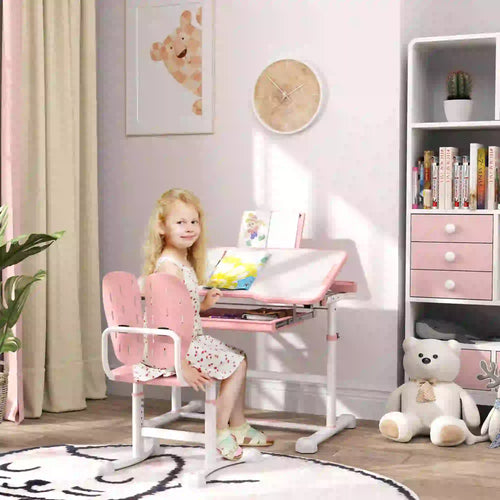 Adjustable Kids Desk and Chair Set, Tilt Desktop, Large Writing Board, Pink