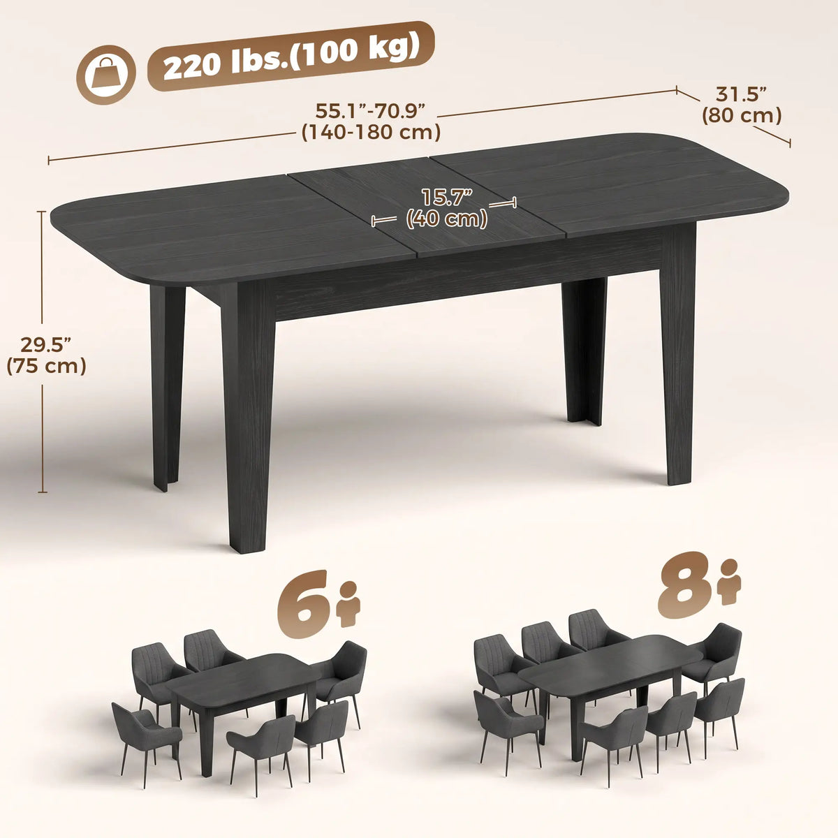 Extendable Oval Dining Table for 4-6, Farmhouse Kitchen Table, Black, Black