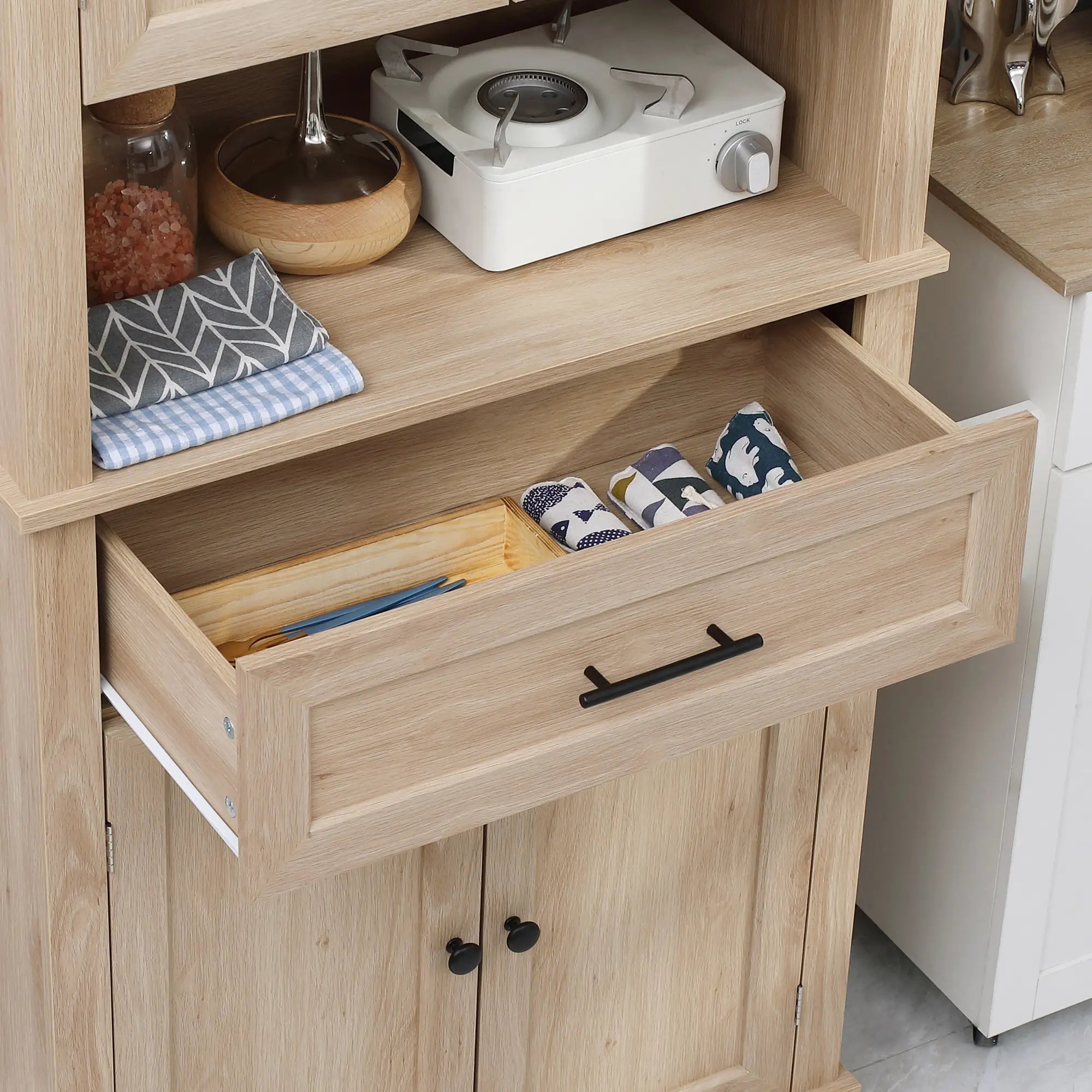 Modern Kitchen Pantry Cabinet, Freestanding with Adjustable Shelves, Oak Kitchen Pantry Cabinets at Gallery Canada