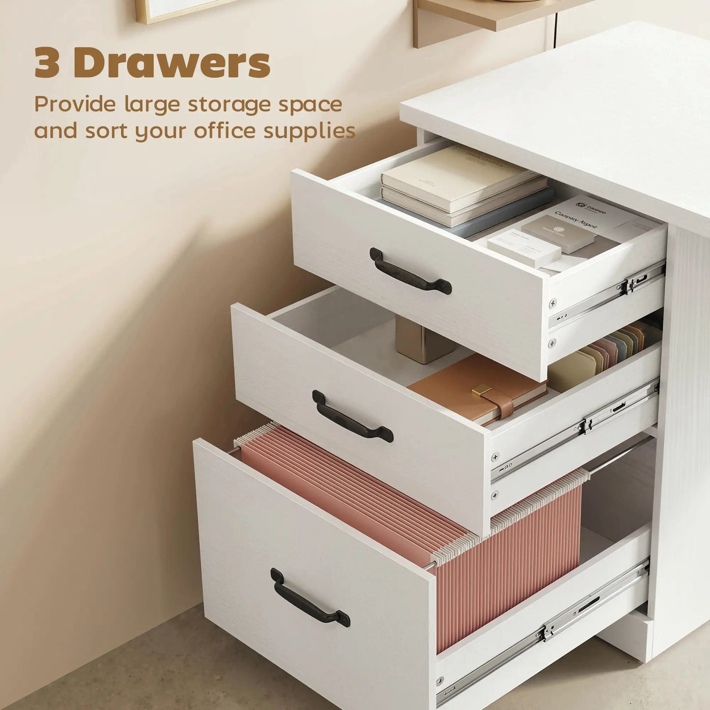 Computer Desk With 3 Drawers, 47", Adjustable Hanging Rails, White Writing Desks at Gallery Canada