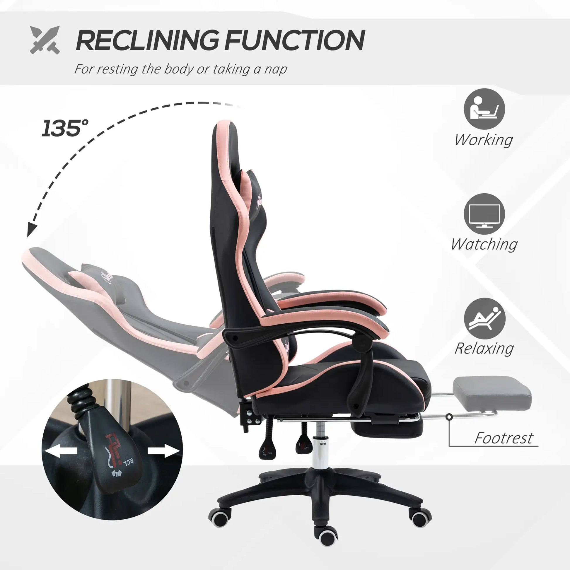 Gaming Chair, PU Leather Office Desk Chair with Footrest, Swivel Wheels, 135° Reclining Back, Black Video Game Chairs at Gallery Canada