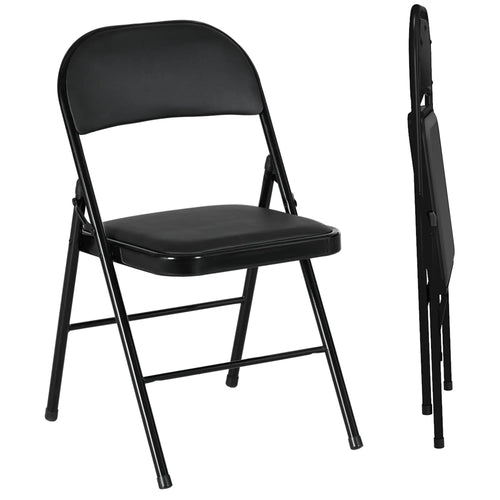 Set of 2 Metal Foldable Chairs, PU Leather Padded, Black