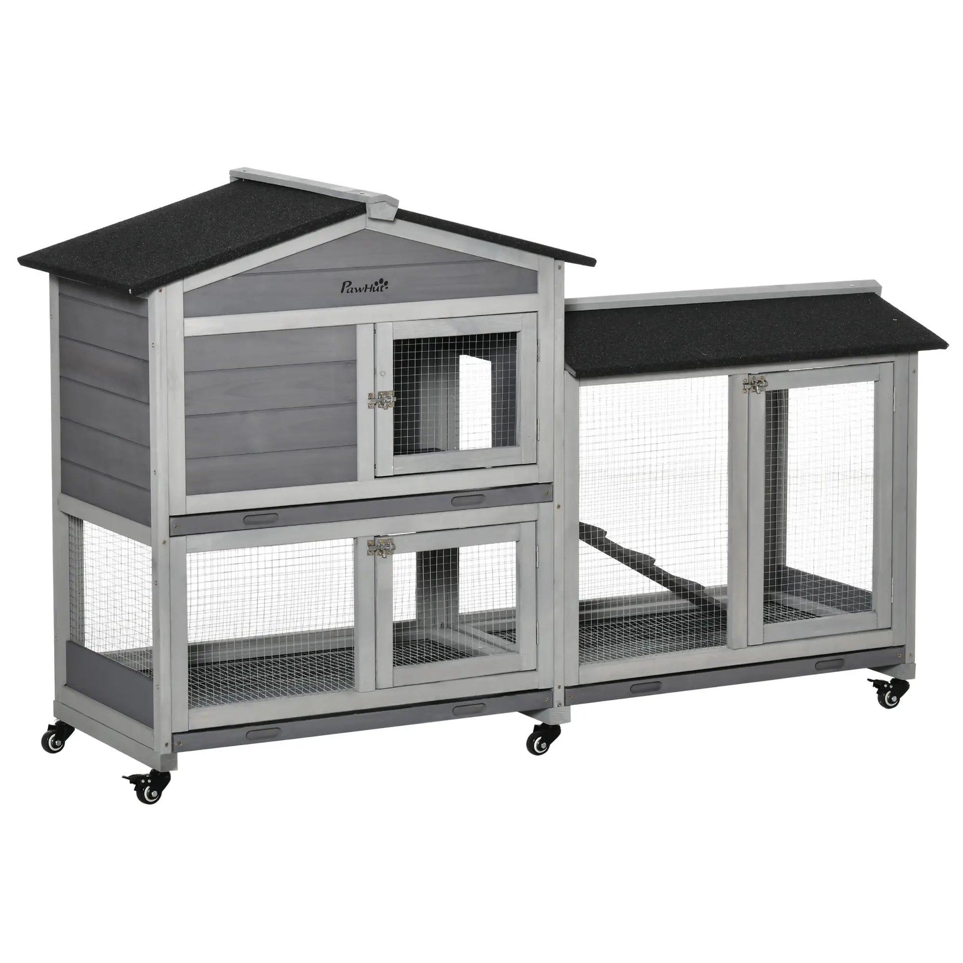 62" Wooden Rabbit Hutch with Wheels, Run Box, Tray, Ramp, Light Grey Rabbit Hutch Light Grey, Black at Gallery Canada
