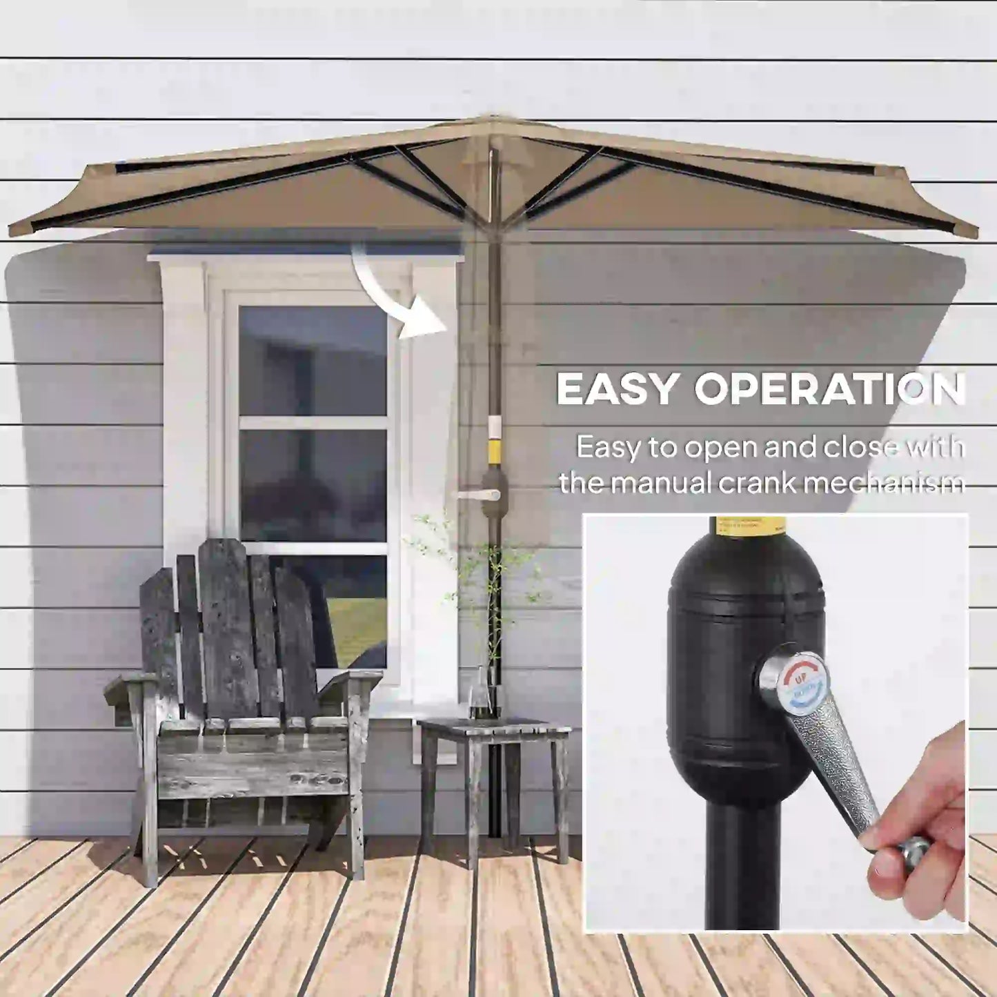 9.8ft Half Umbrella, Semi Round Patio Parasol, Crank Handle, Top Vent, Coffee Half Round Umbrellas at Gallery Canada