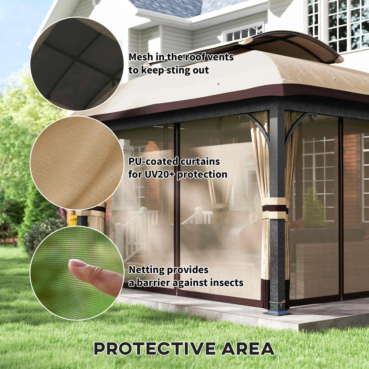11' x 13' Patio Gazebo, Double Roof Canopy with Netting, Galvanized Frame, Khaki Gazebos at Gallery Canada