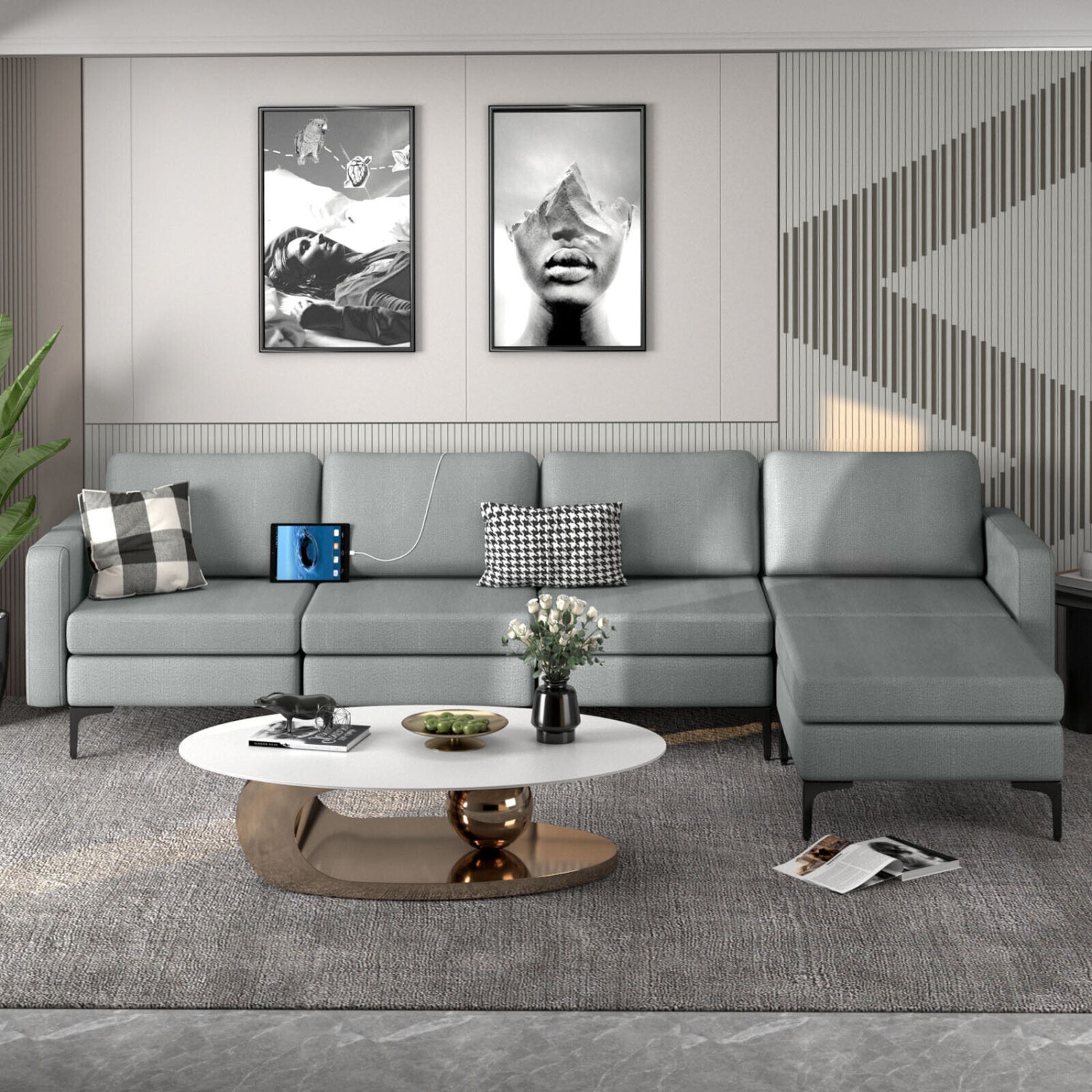 4-Seat L-Shaped Sectional Sofa, Reversible Ottoman, 2 USB Ports, Gray Sofas & Loveseats at Gallery Canada