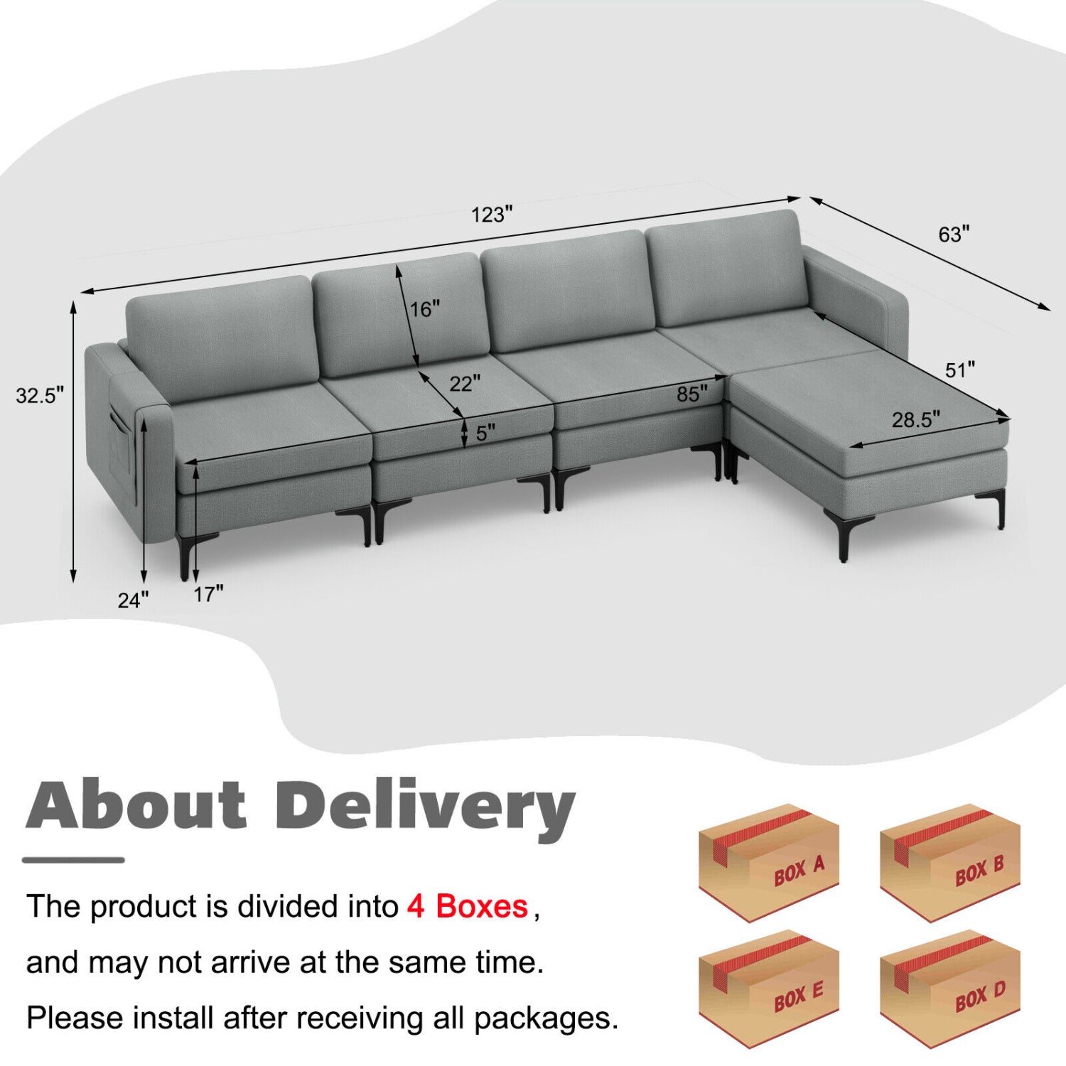 4-Seat L-Shaped Sectional Sofa, Reversible Ottoman, 2 USB Ports, Gray Sofas & Loveseats at Gallery Canada