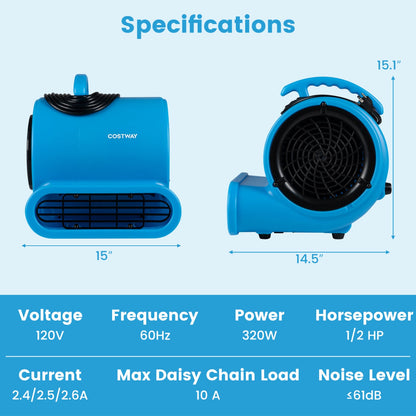 1/2 HP Air Mover 3-Speed 2800 CFM Commercial Fan, Blue