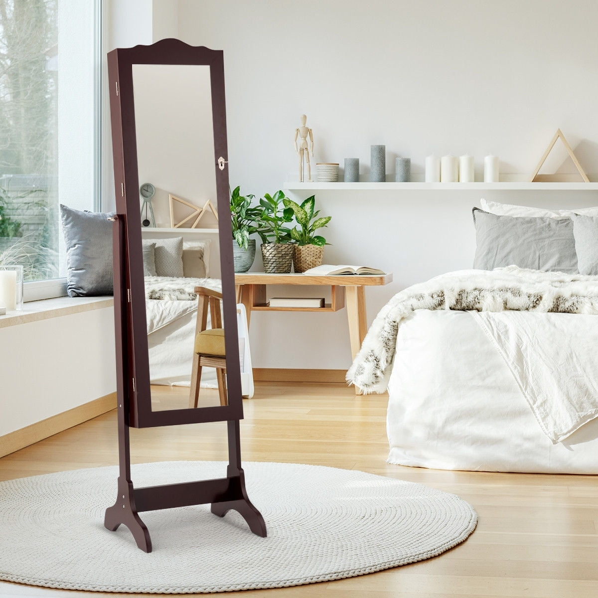 Mirrored Jewelry Cabinet Storage With Drawer And Led Lights , Coffee Jewelry Armoires at Gallery Canada