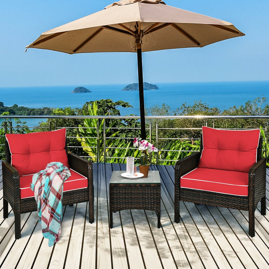3 Pcs Outdoor Patio Rattan Conversation Set with Seat Cushions, Red Patio Conversation Sets Red at Gallery Canada