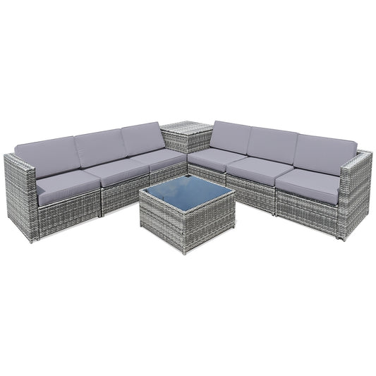 8 Pieces Wicker Rattan Dining Set, With Storage Table, Gray Outdoor Sectionals Gray at Gallery Canada