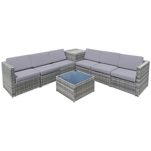 8 Pieces Wicker Rattan Dining Set, With Storage Table, Gray
