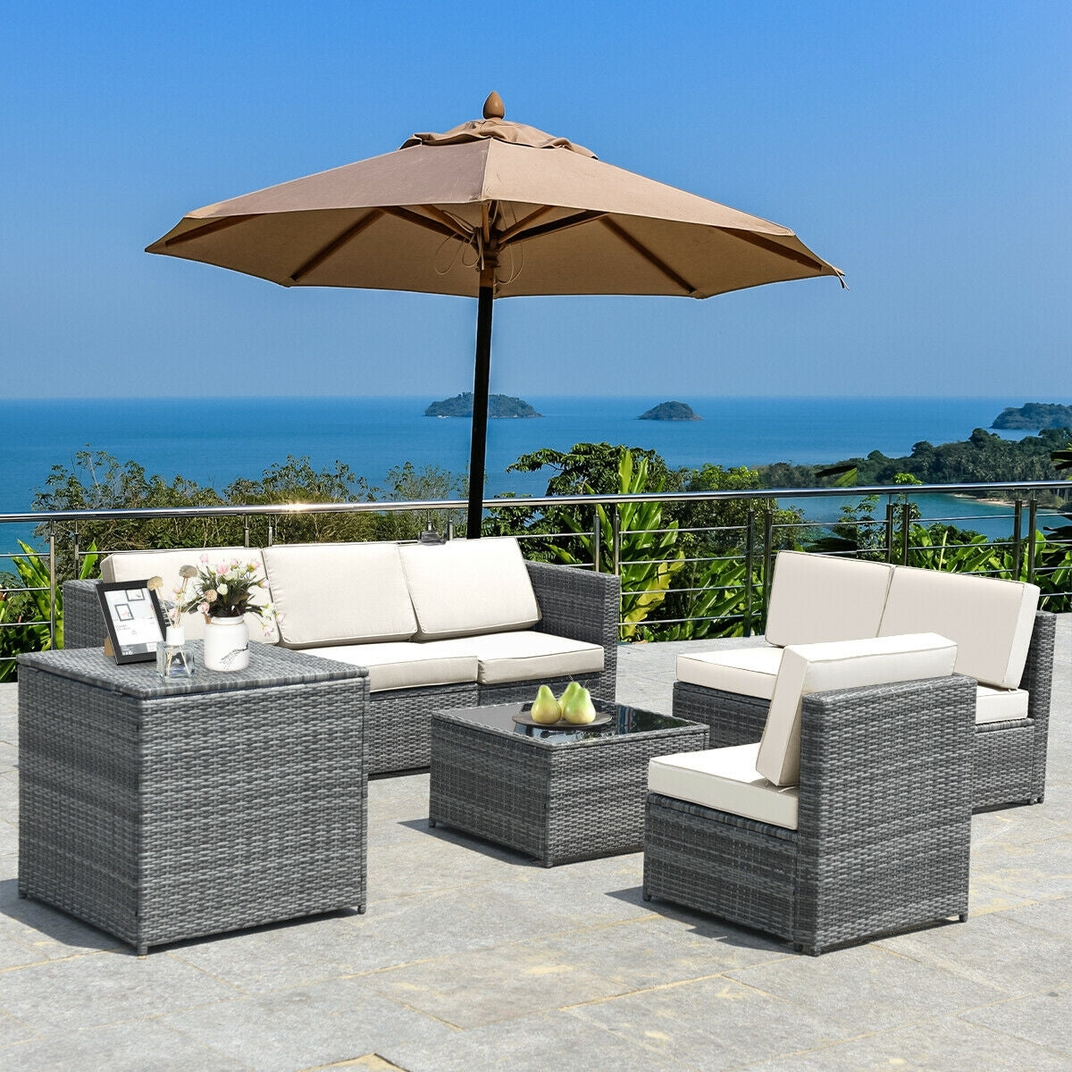 8 Piece Wicker Sofa Rattan Dinning Set Patio Furniture with Storage Table, White Outdoor Sectionals at Gallery Canada