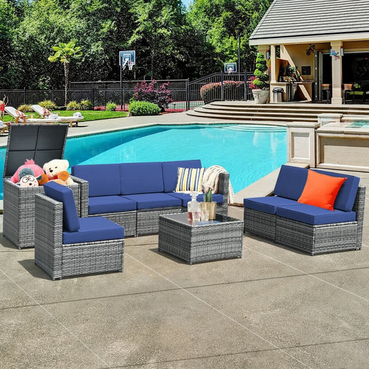 8 Piece Wicker Rattan Sofa Dining Set, With Storage Table, Navy Outdoor Sectionals Navy at Gallery Canada