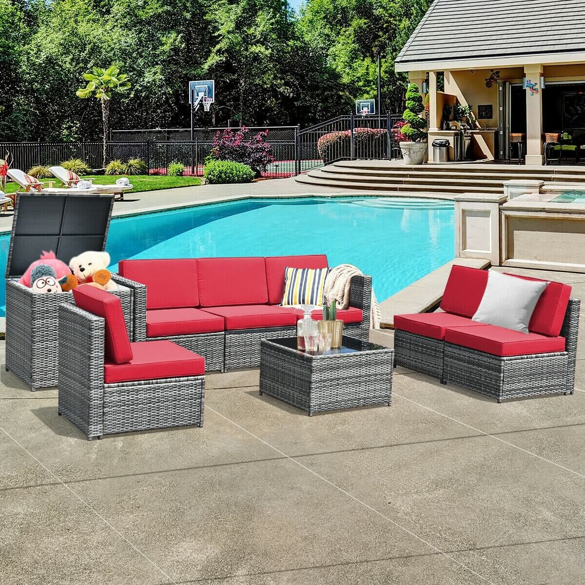 8 Piece Wicker Sofa Rattan Dinning Set Patio Furniture with Storage Table, Red Outdoor Sectionals at Gallery Canada