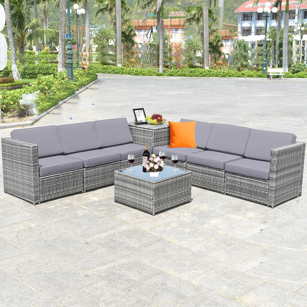 8 Pieces Wicker Rattan Dining Set, With Storage Table, Gray Outdoor Sectionals at Gallery Canada