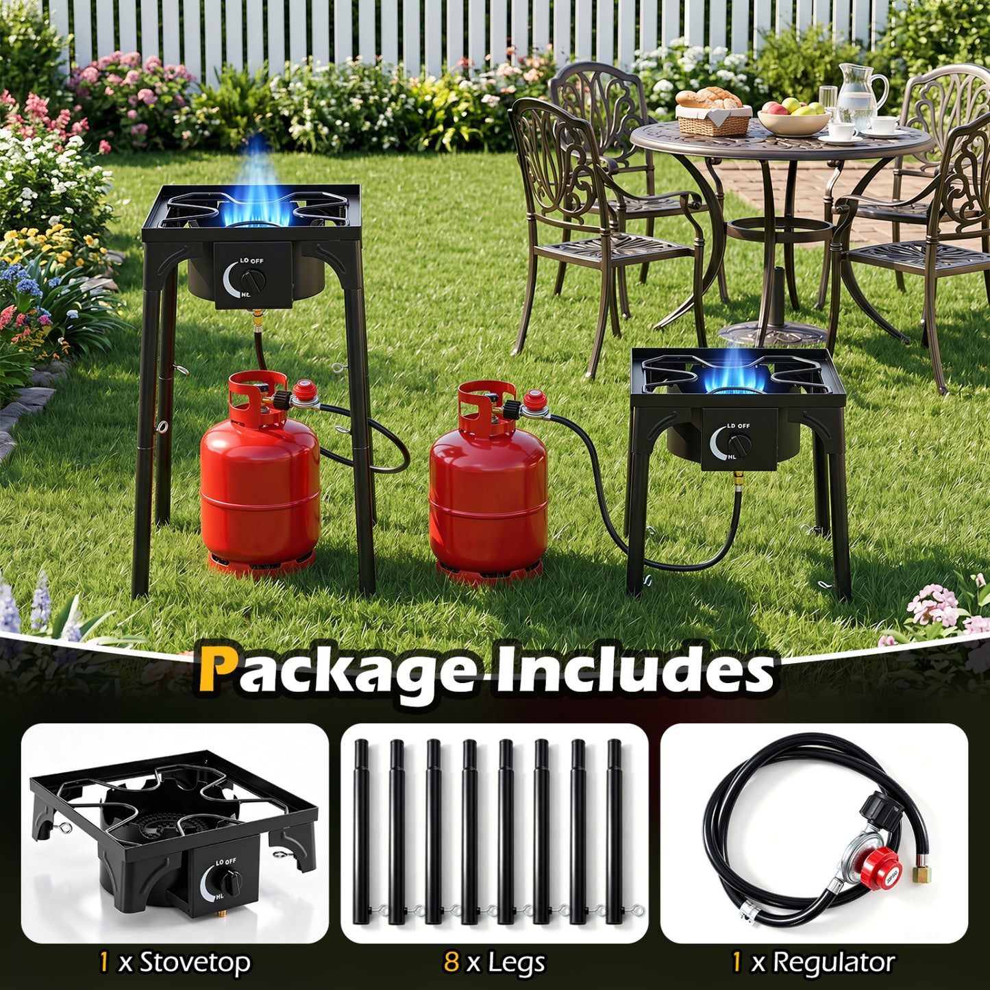 1 Burner Propane Stove, 80000 BTU, Adjustable Regulator, Hose, Black