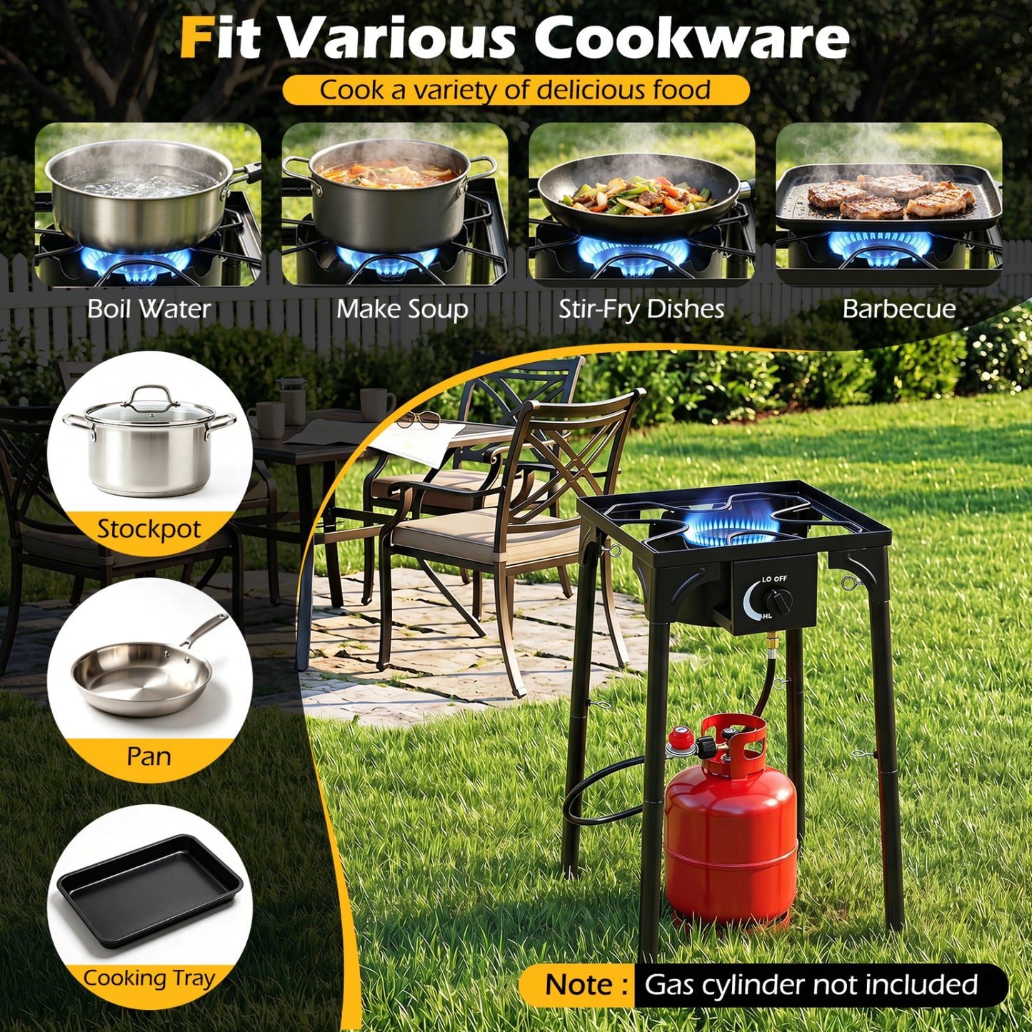 1 Burner Propane Stove, 80000 BTU, Adjustable Regulator, Hose, Black