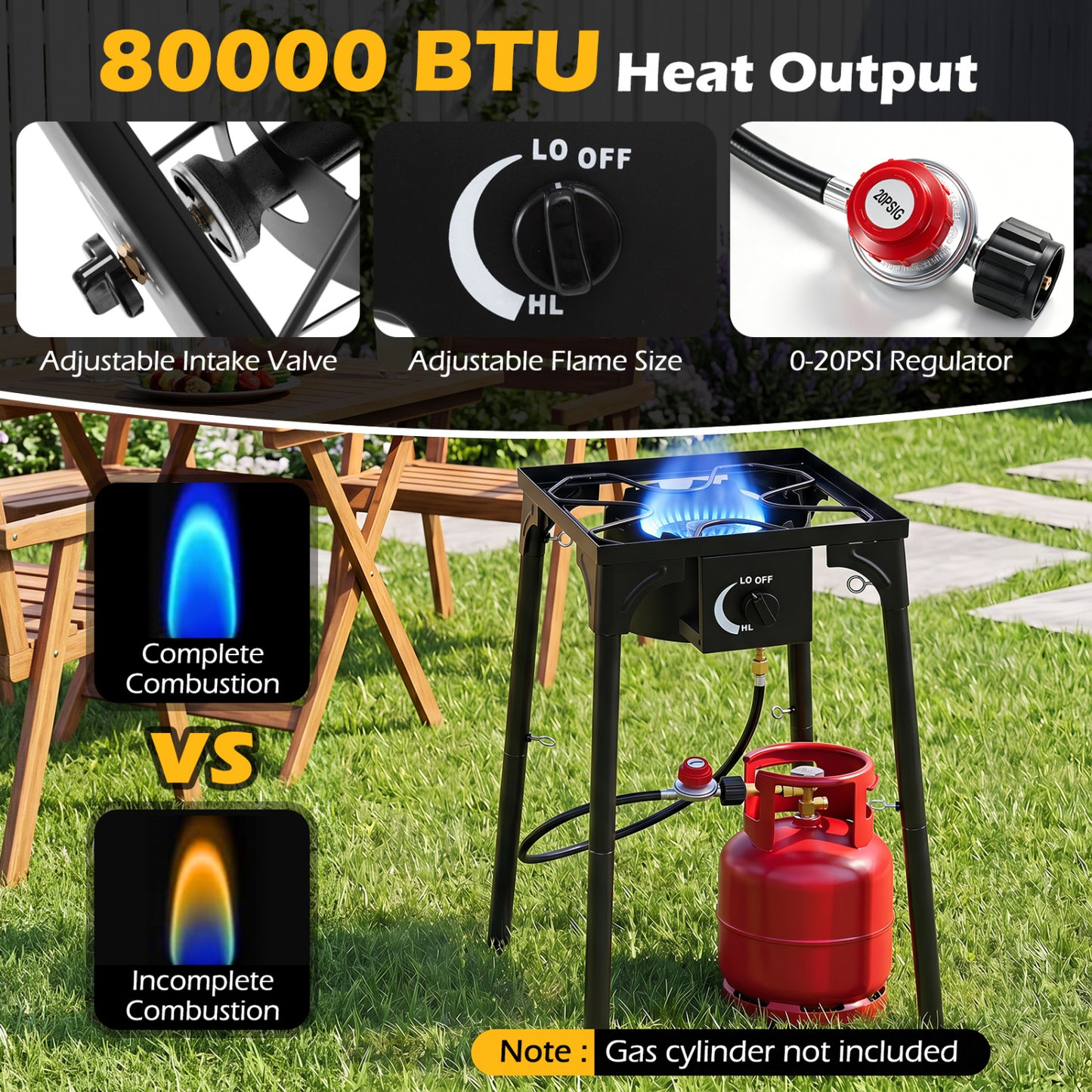 1 Burner Propane Stove, 80000 BTU, Adjustable Regulator, Hose, Black