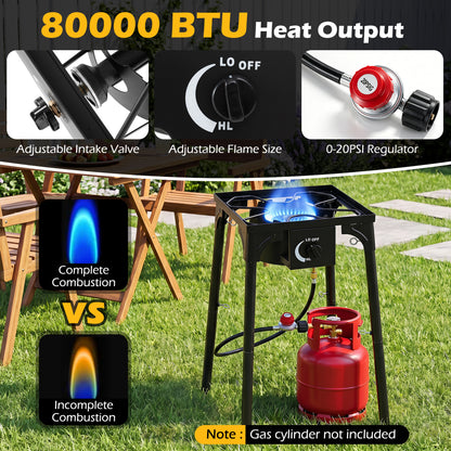 1 Burner Propane Stove, 80000 BTU, Adjustable Regulator, Hose, Black