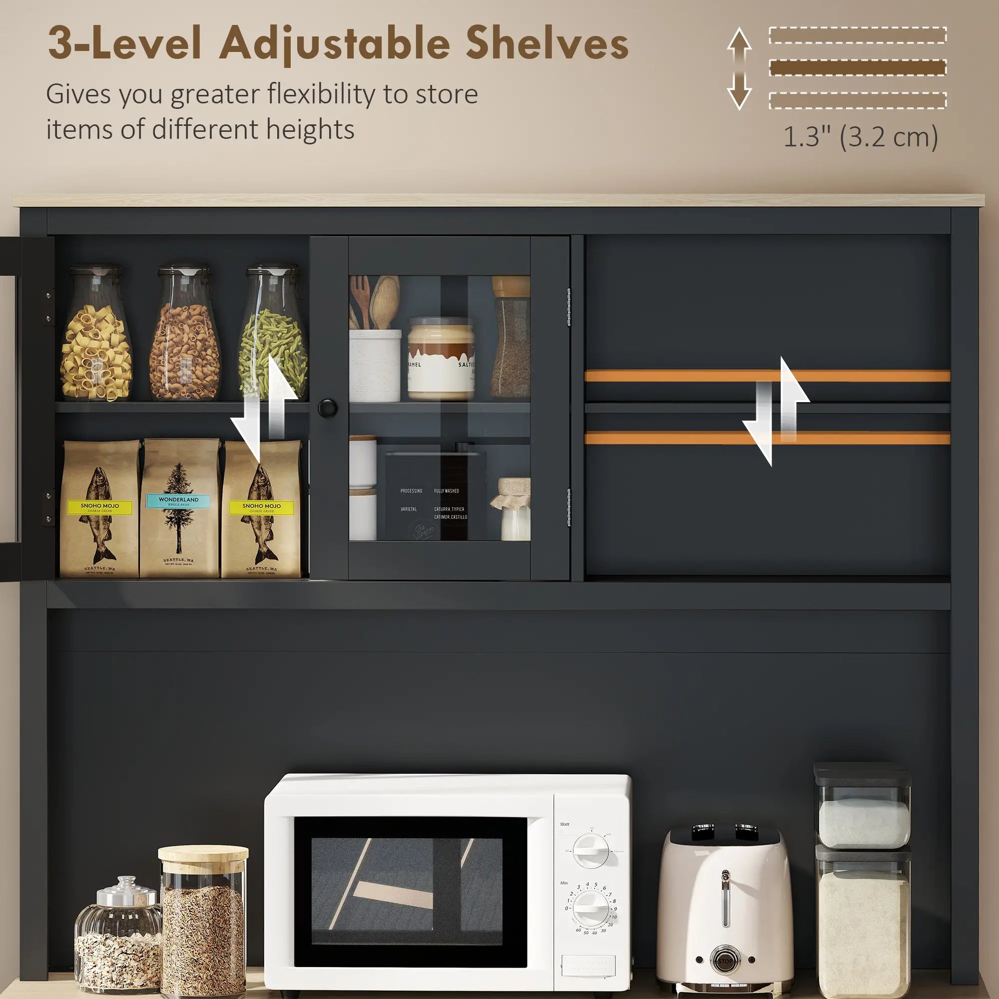 69 Inch Pantry Cabinet with Charging Station, Microwave Stand, Tilt-Out Trash Can, Black Kitchen Pantry Cabinets at Gallery Canada