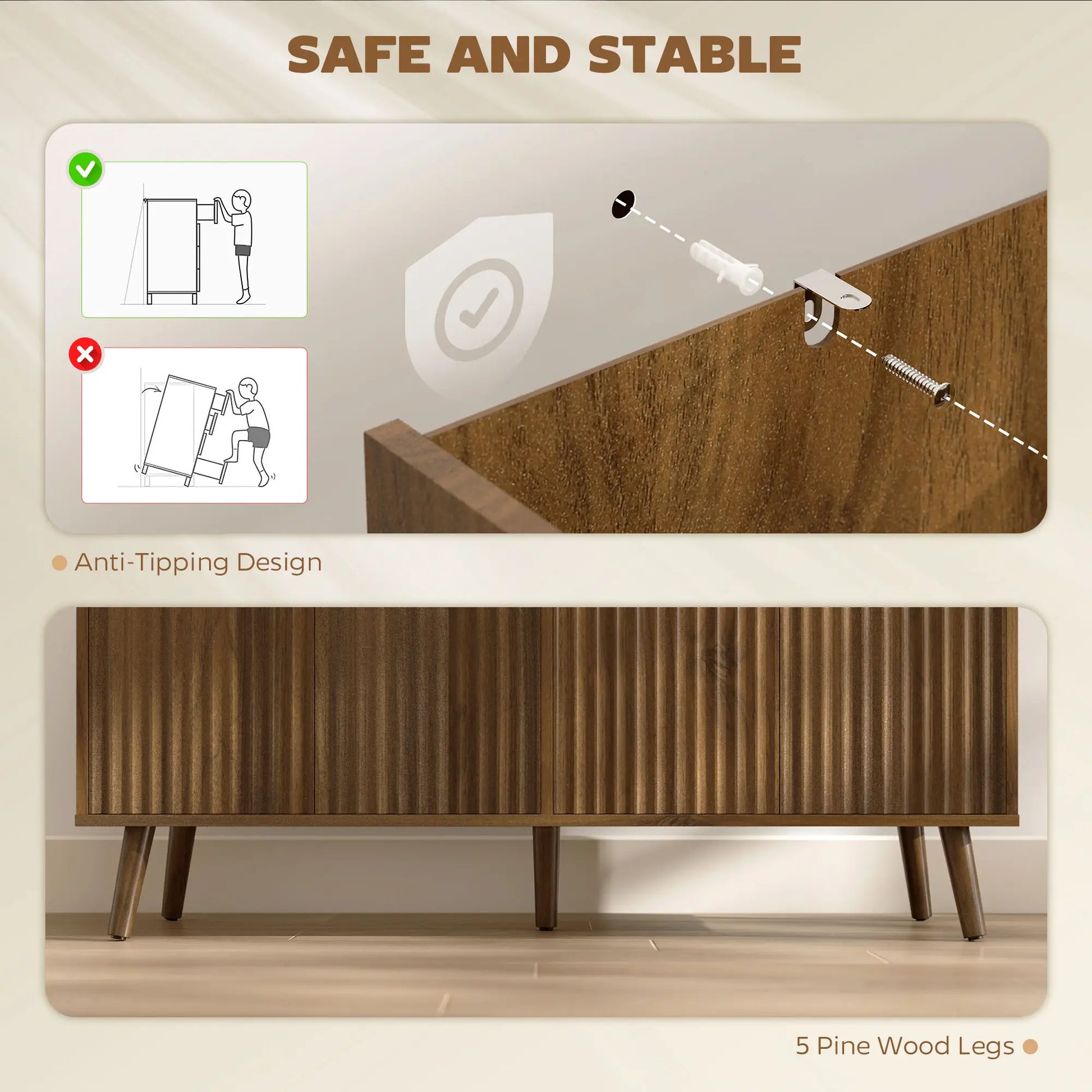 Fluted Sideboard with Storage, Adjustable Shelves, Dark Brown Bar Cabinets at Gallery Canada