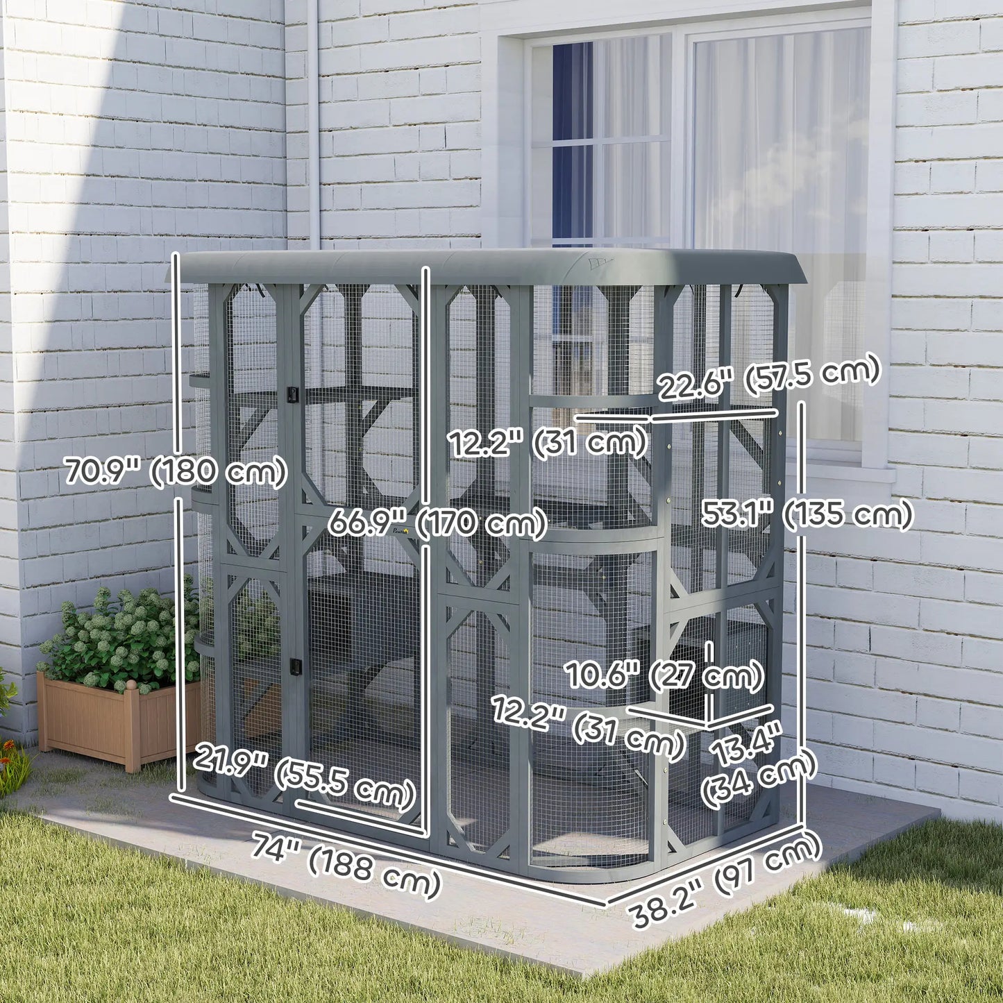 71" Wooden Cat Enclosure, With Platforms And Condos, Grey Outdoor Cat Enclosures at Gallery Canada