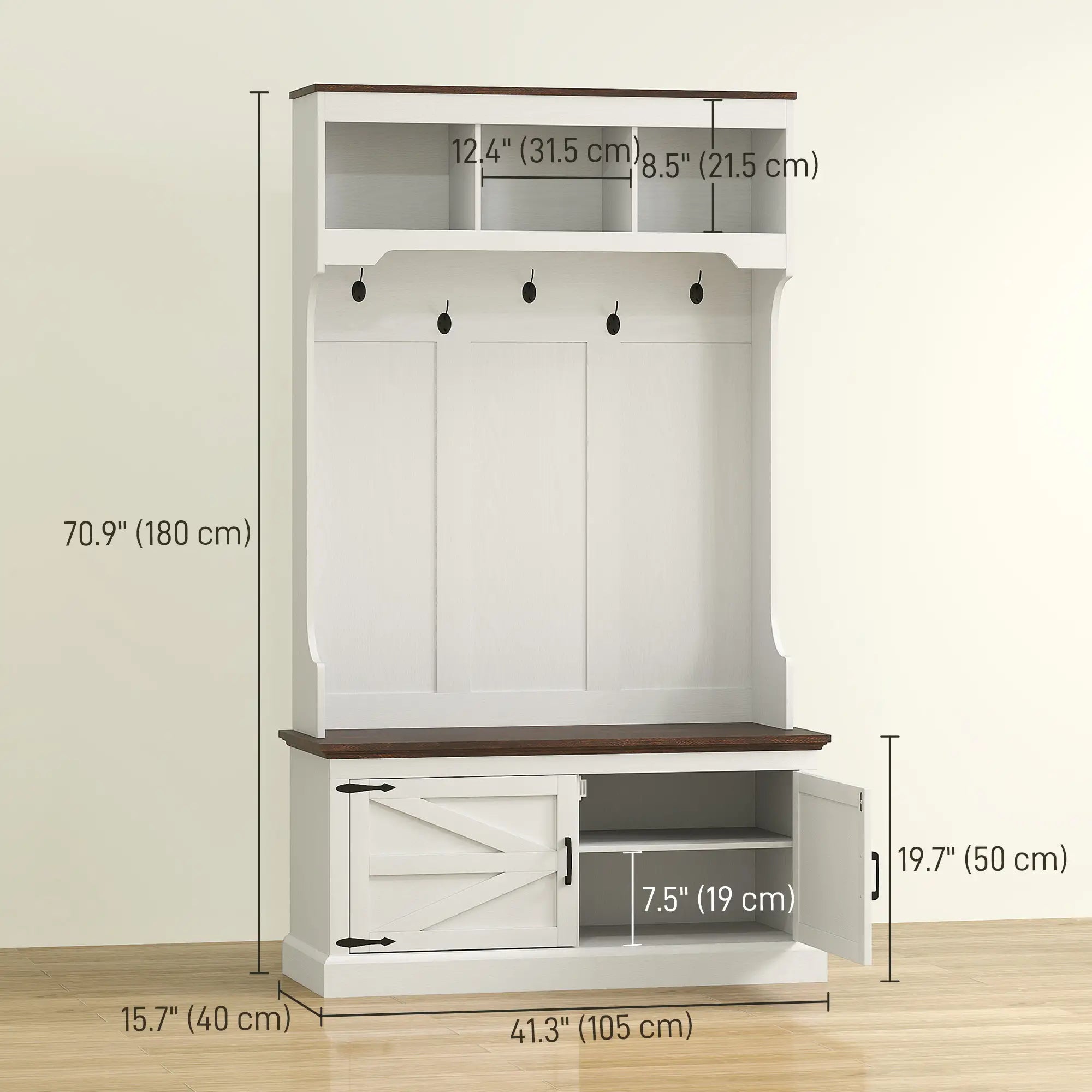 3-in-1 Hall Tree, Bench, Coat Rack with Shoe Storage, White Wood Grain, White Clothing Storage at Gallery Canada