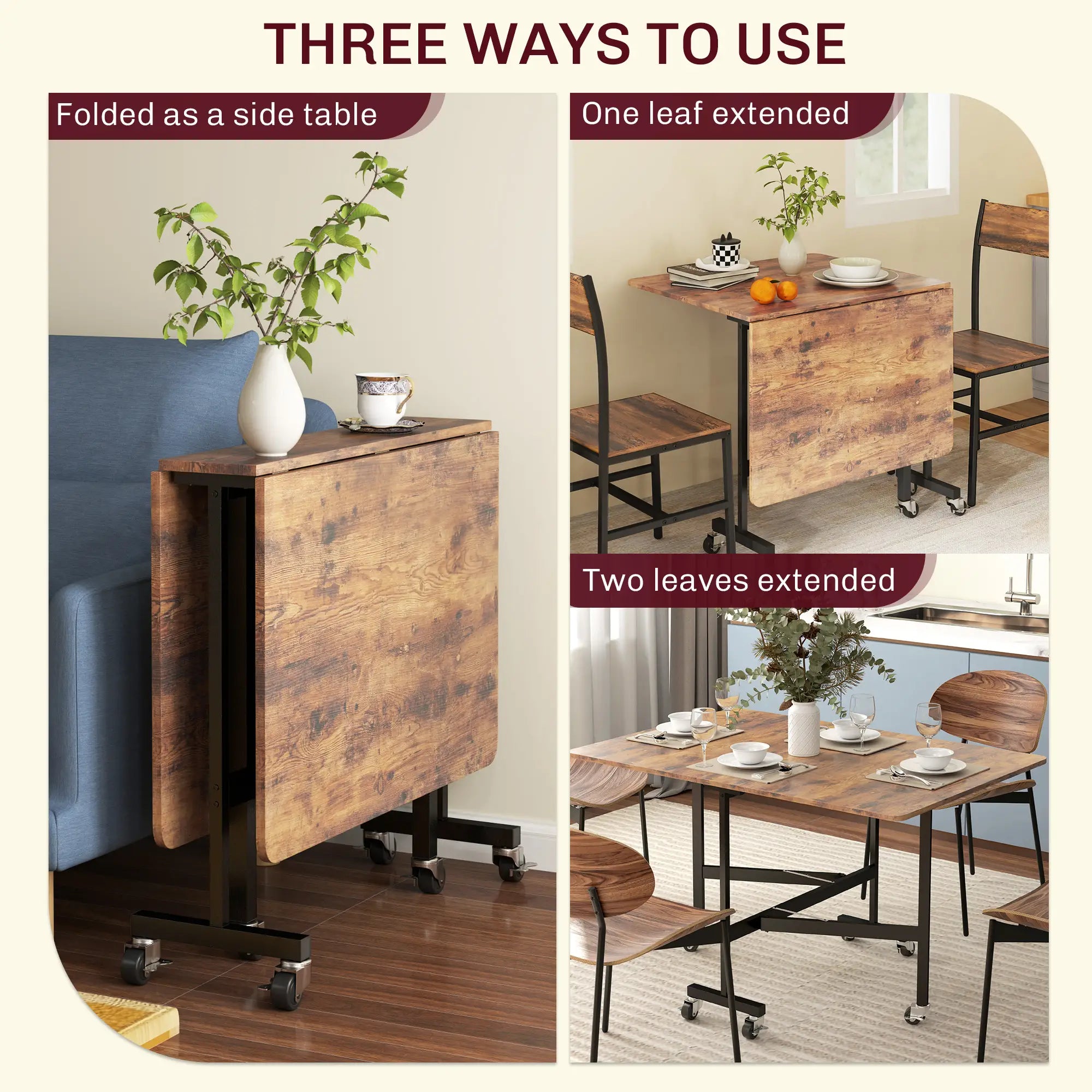 Six-Seater Drop-Leaf Dining Table with Wheels, Rustic Brown Dining Tables at Gallery Canada