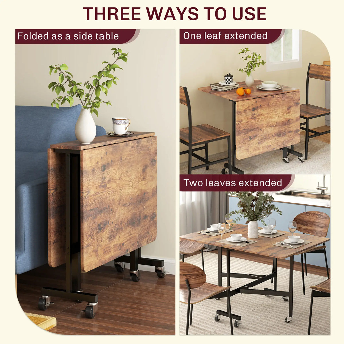 Six-Seater Drop-Leaf Dining Table with Wheels, Rustic Brown Dining Tables at Gallery Canada