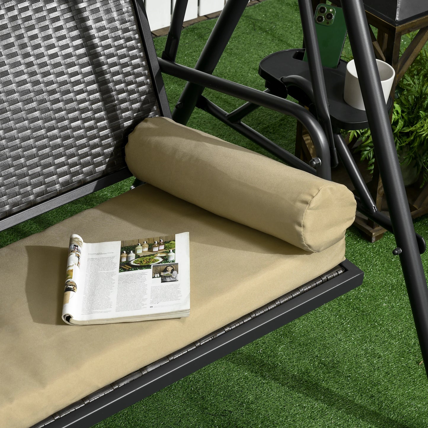 3-Seat Porch Swing with Canopy, Rattan Seat, Removable Cushion Patio Swings with Stand at Gallery Canada
