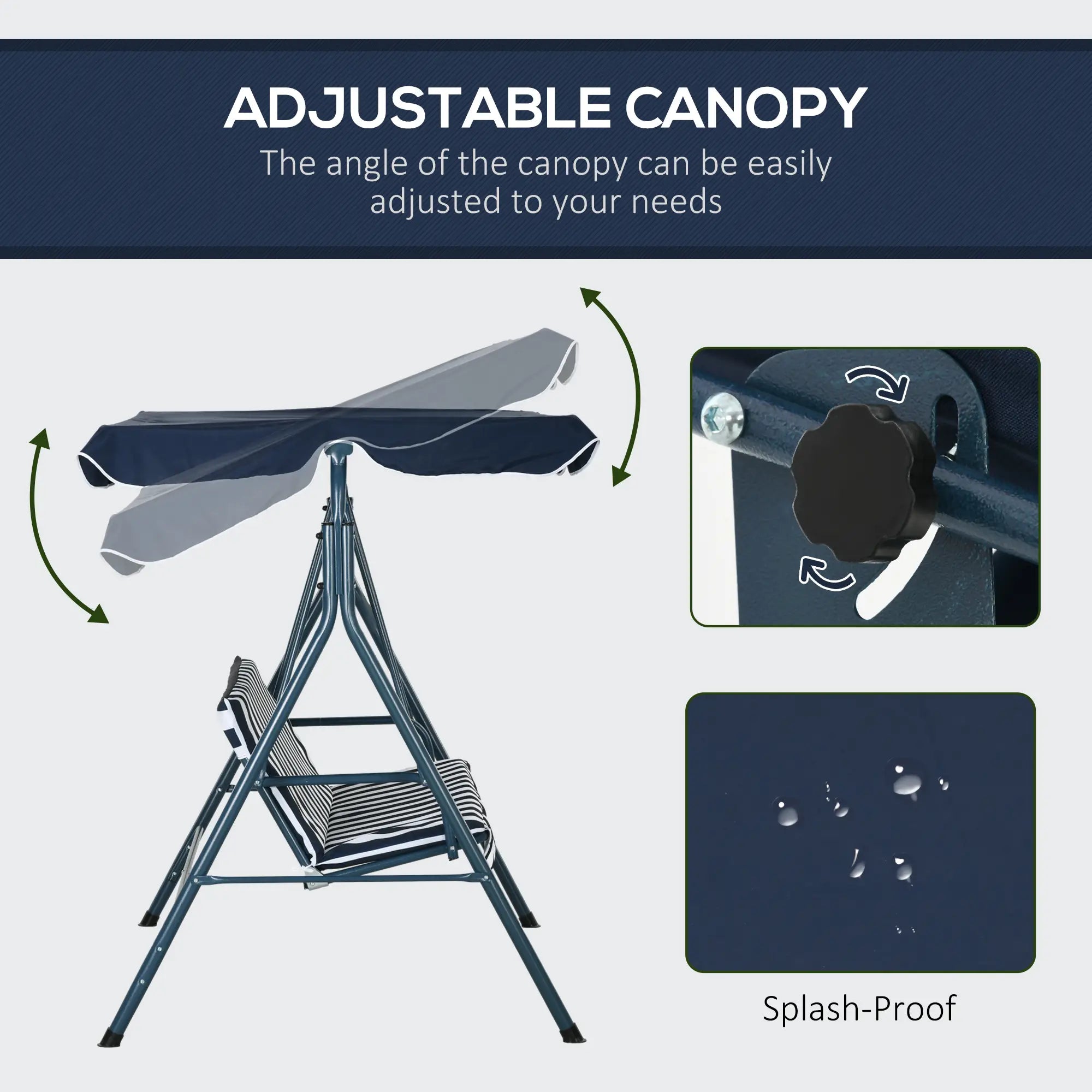 3-Seater Outdoor Porch Swing, Adjustable Canopy, and White, Blue Patio Swings with Stand at Gallery Canada