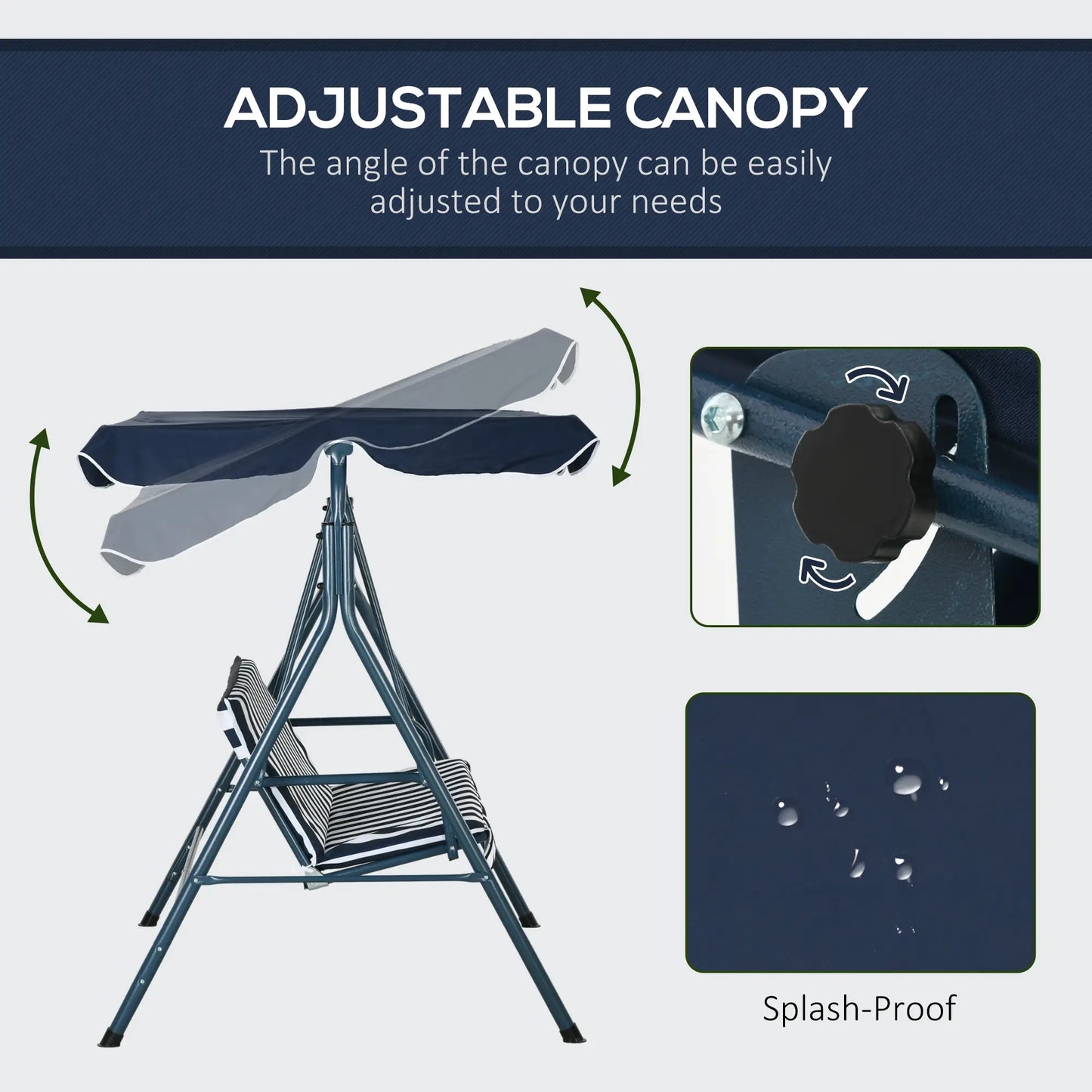 3-Seater Outdoor Porch Swing, Adjustable Canopy, and White, Blue Patio Swings with Stand at Gallery Canada