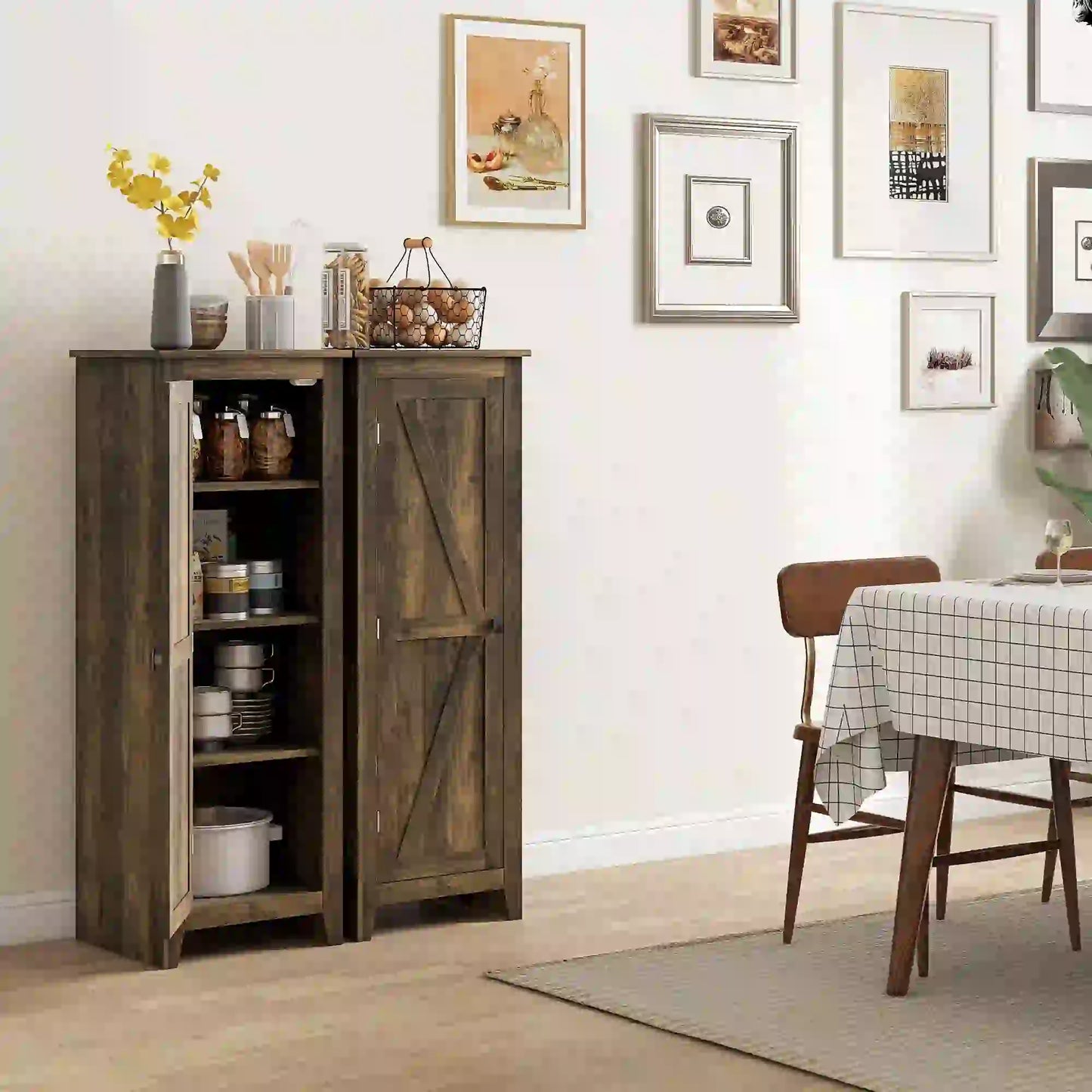 48" Farmhouse Kitchen Pantry Cabinet, Adjustable Shelves, Brown Kitchen Pantry Cabinets at Gallery Canada