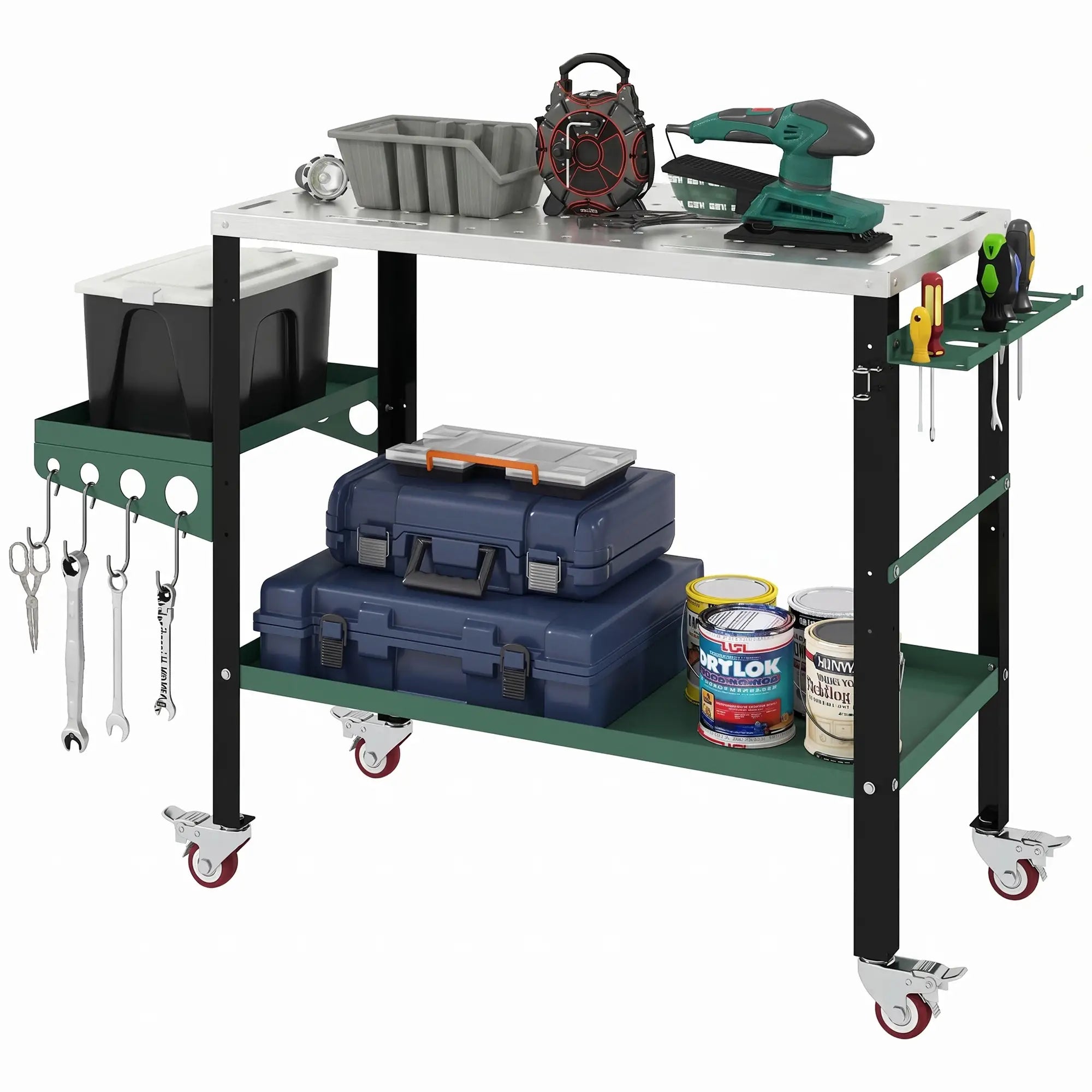 2Tier Rolling Tool Cart with Wheels, Lockable Steel Heavy Duty Cart with Side Tray, Silver &; Green Tool Organizers Silver, Green at Gallery Canada