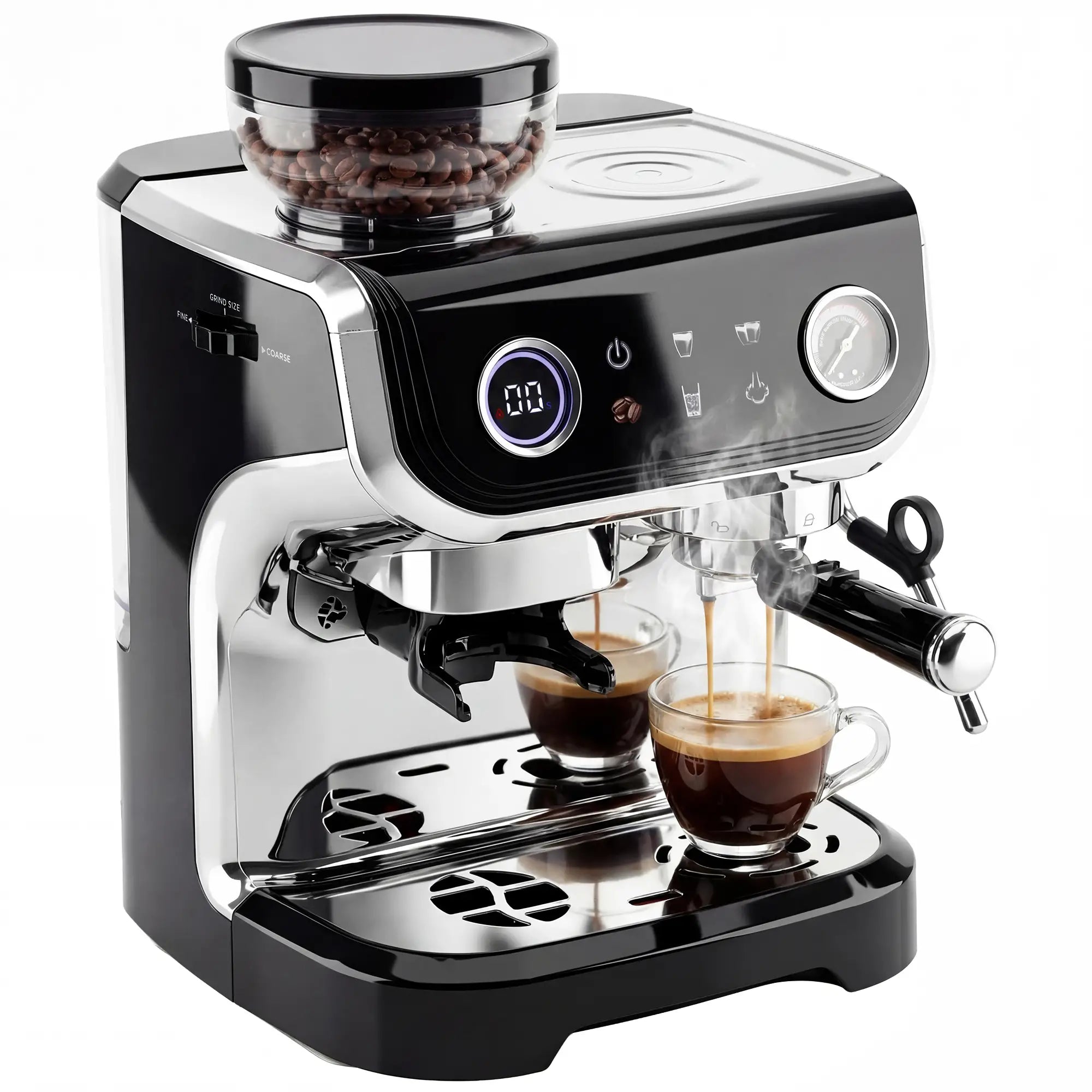 15 Bar Espresso Machine With Grinder & Milk Frother, Stainless Steel, Black Small Kitchen Appliances at Gallery Canada