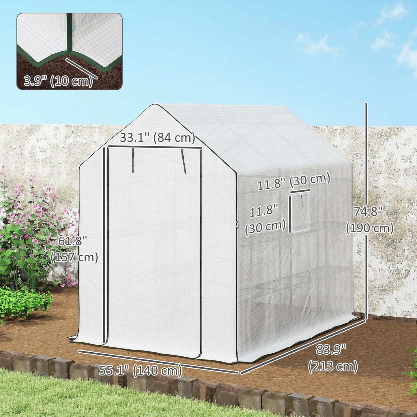 Walk-In Greenhouse, 3 Tier, Roll-Up Door, Mesh Windows, 140 x 213 x 190 cm, White
