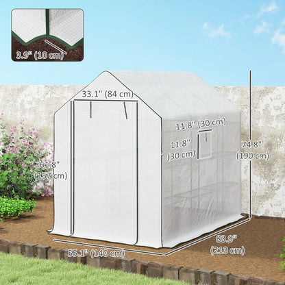 Walk-In Greenhouse, 3 Tier, Roll-Up Door, Mesh Windows, 140 x 213 x 190 cm, White