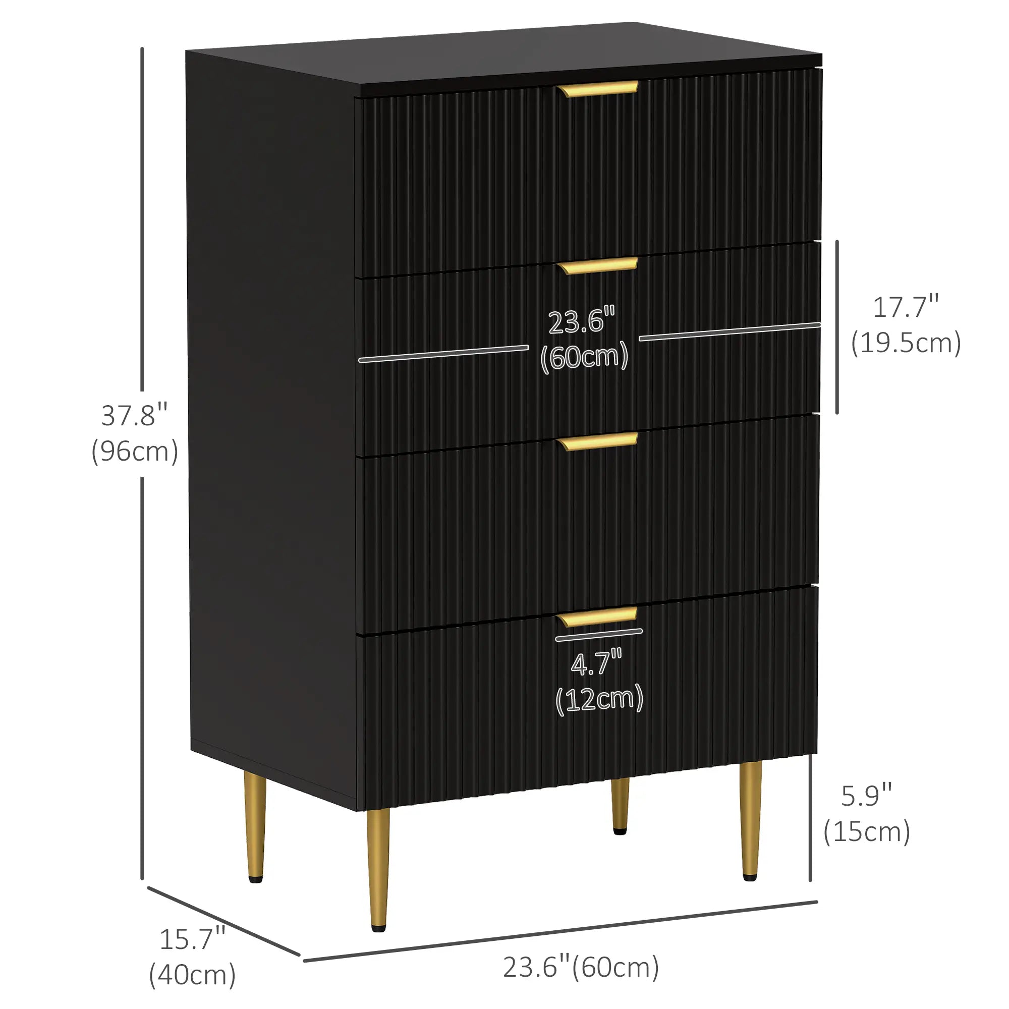 Modern 4 Drawer Dresser, Black with Gold Legs, Bedroom Chest, Black, Gold Storage Cabinets at Gallery Canada