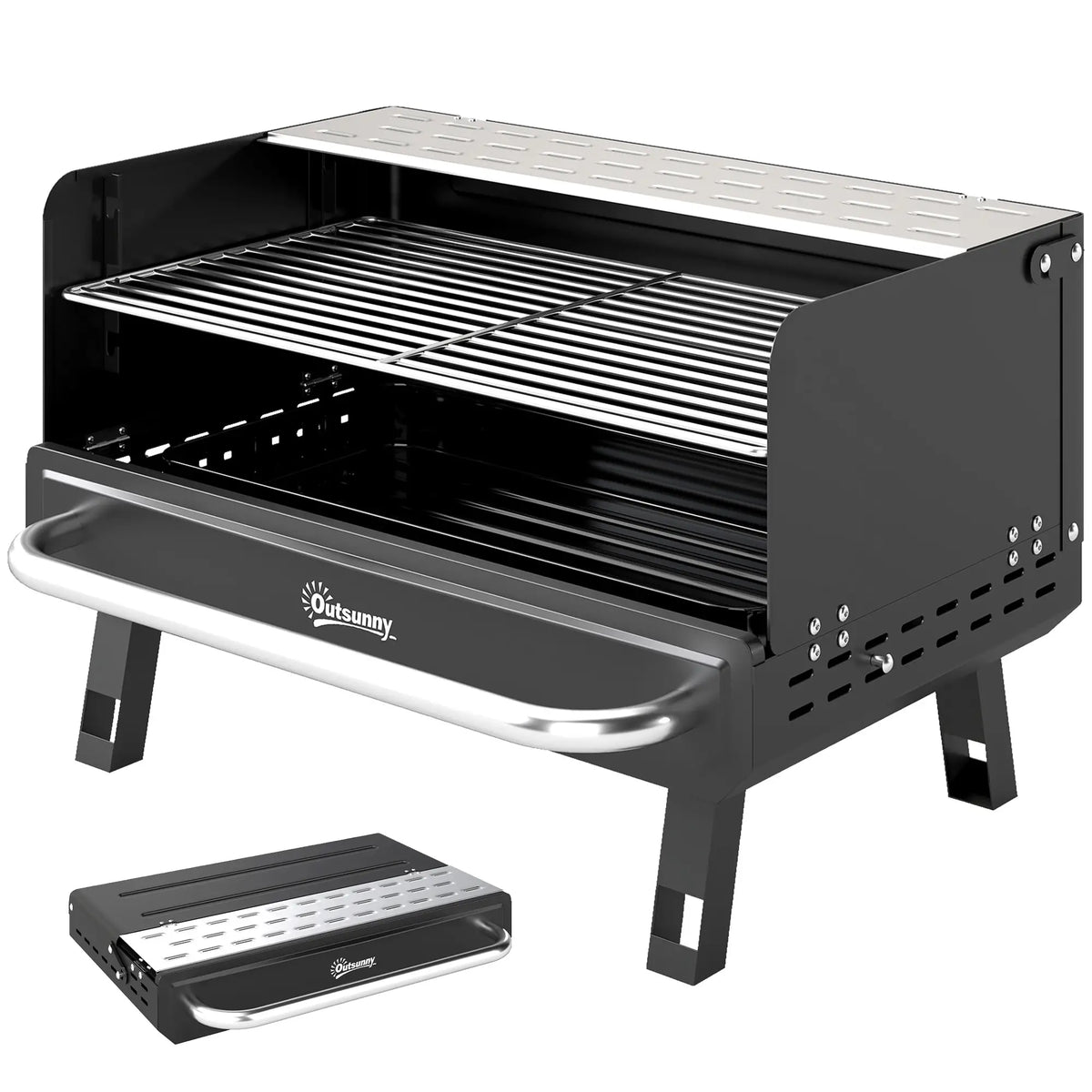 Charcoal BBQ Grill, Portable with Adjustable Grates, Foldable Legs, Black Charcoal BBQ Grils Black at Gallery Canada